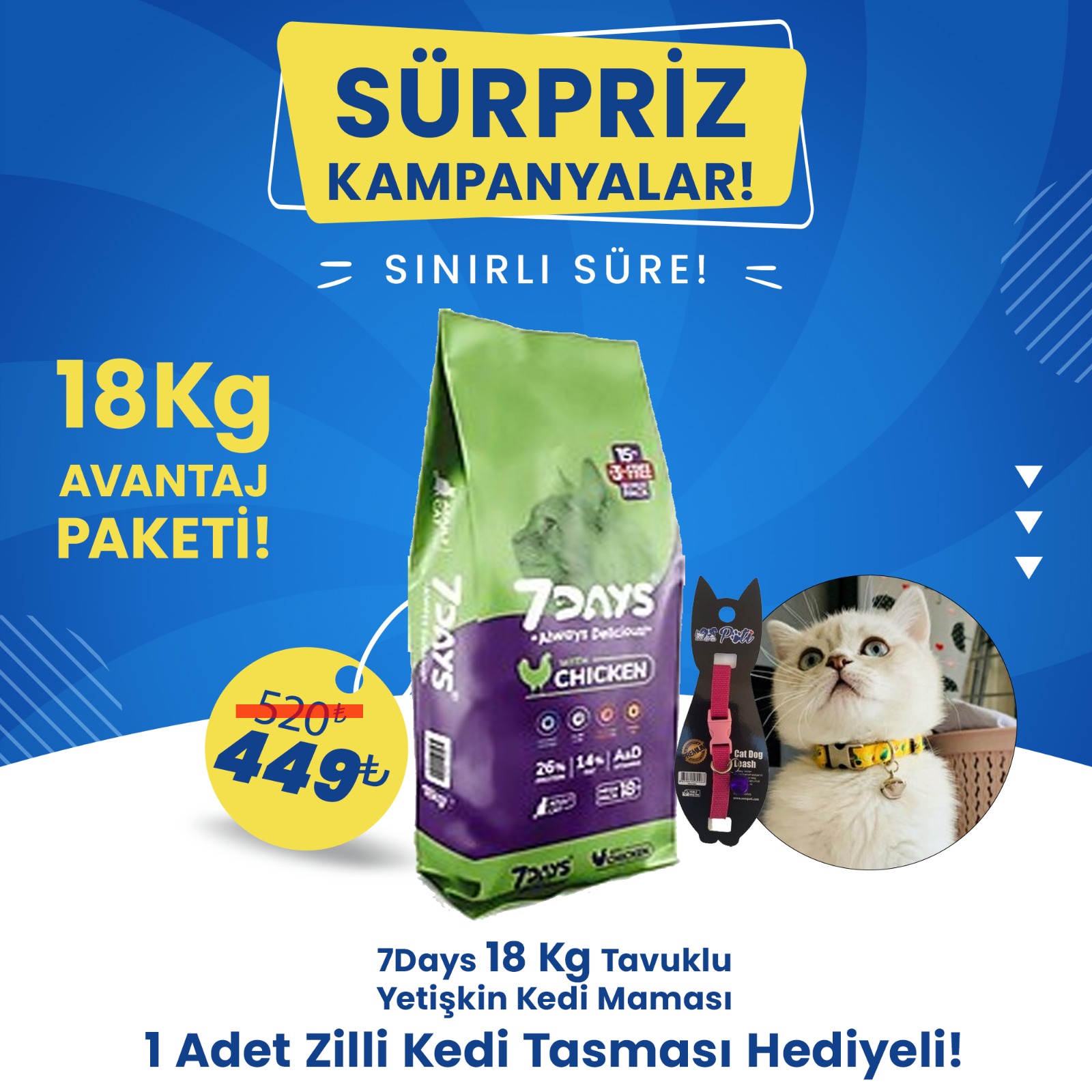 7 Days Tavuk Etli Yetişkin Kedi Maması 18 Kg + 1 Adet Zilli Kedi Tasması Hediyeli