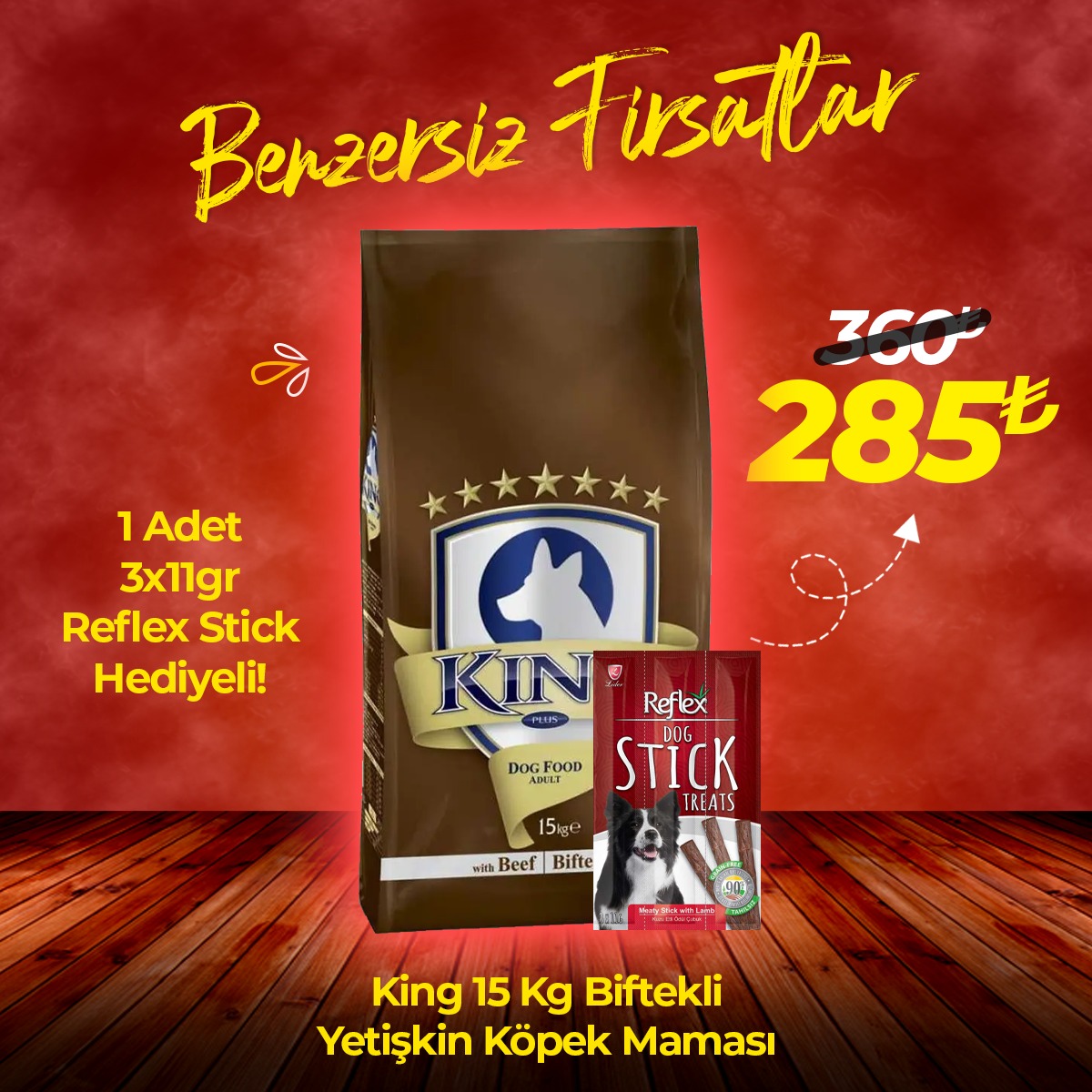 King Yetişkin Biftek Köpek Maması 15 Kg + Reflex Köpek Stick Ödül Hediyeli 3x11 Gr