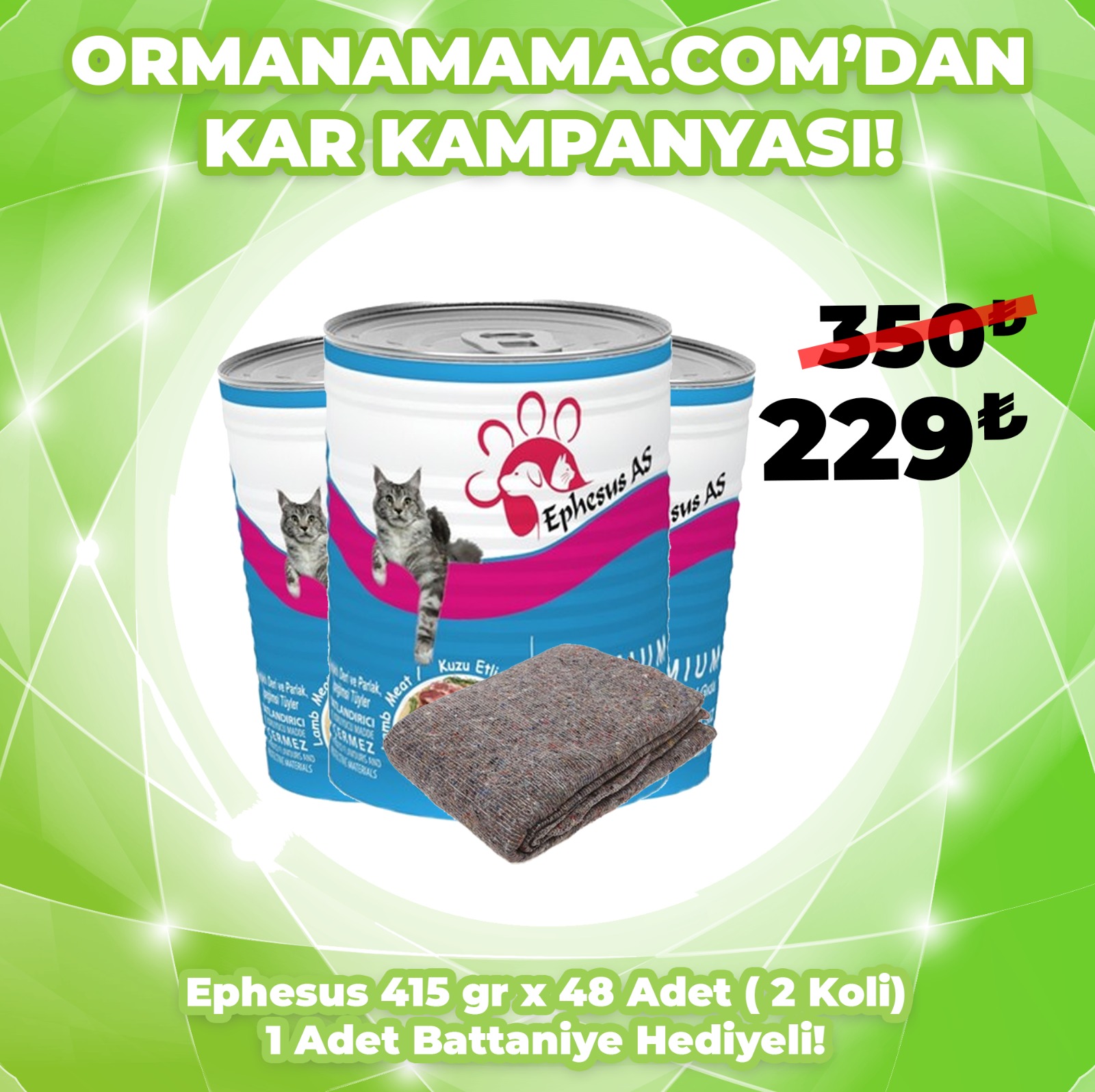 Ephesus As  Kedi Konserve Çeşitleri 415 gr x 48 Adet (2 Koli ) 1 Adet Battaniye Hediyeli