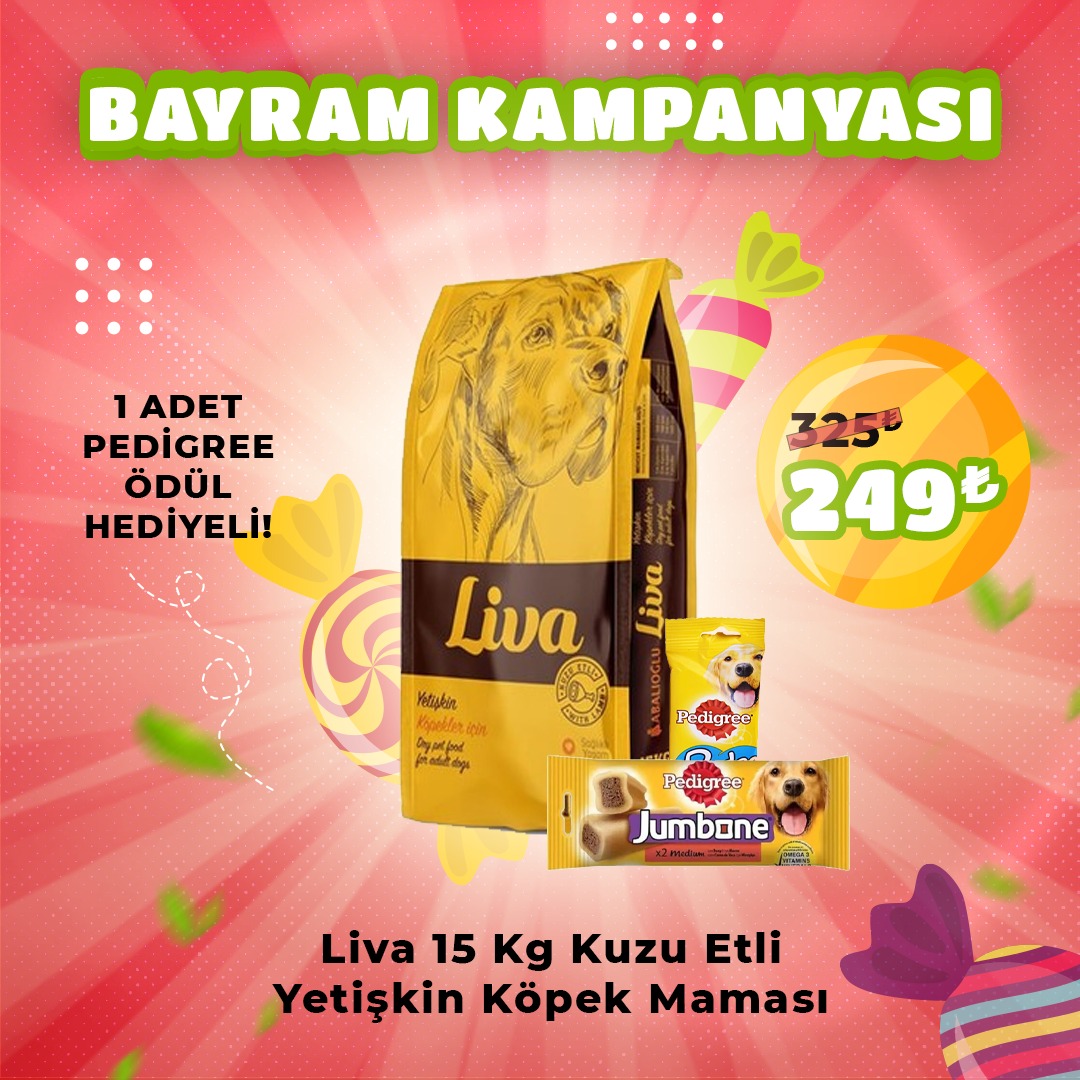 Liva 15 Kg Kuzu Etli Yetşkin Köpek Maması + 1 Adet Pedigree Ödül Hediyeli!