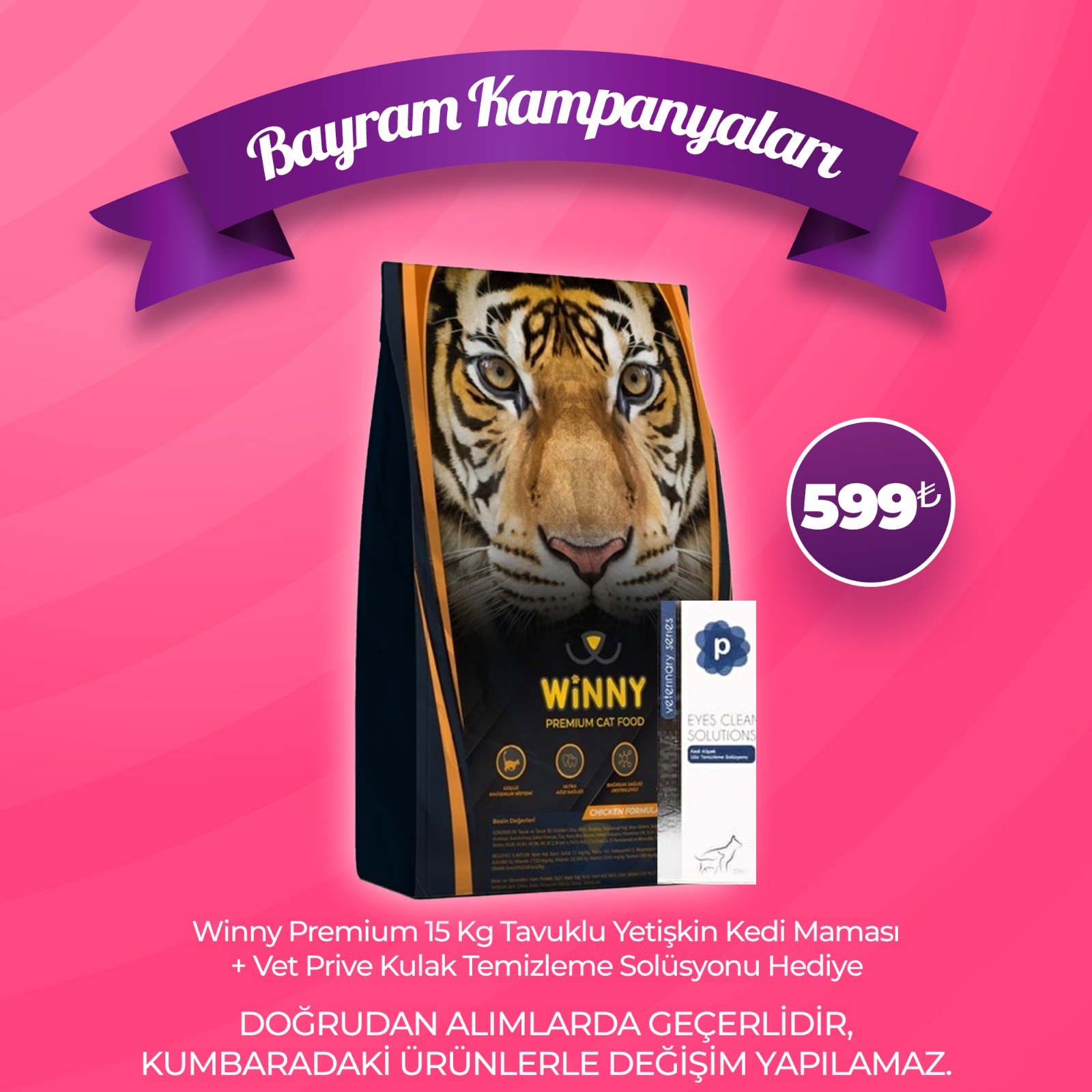 Winny Premium 15 Kg Tavuklu Yetişkin Kedi Maması + Vet Prive Kulak Temizleme Solüsyonu Hediye