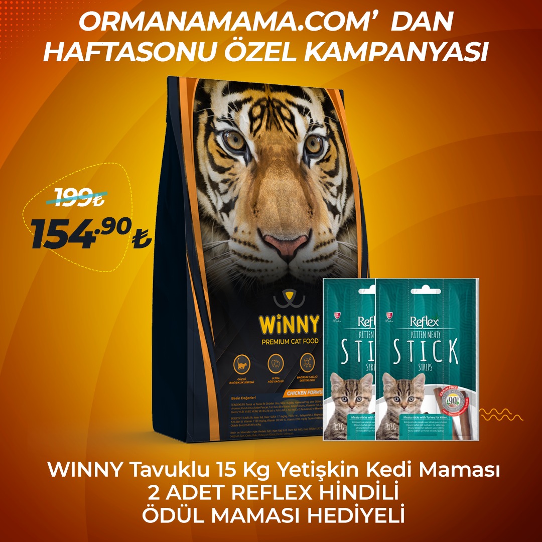 Winny Tavuklu 15 Kg Yetişkin Kedi Maması 2 ADET REFLEX HİNDİLİ ÖDÜL MAMASI HEDİYELİ