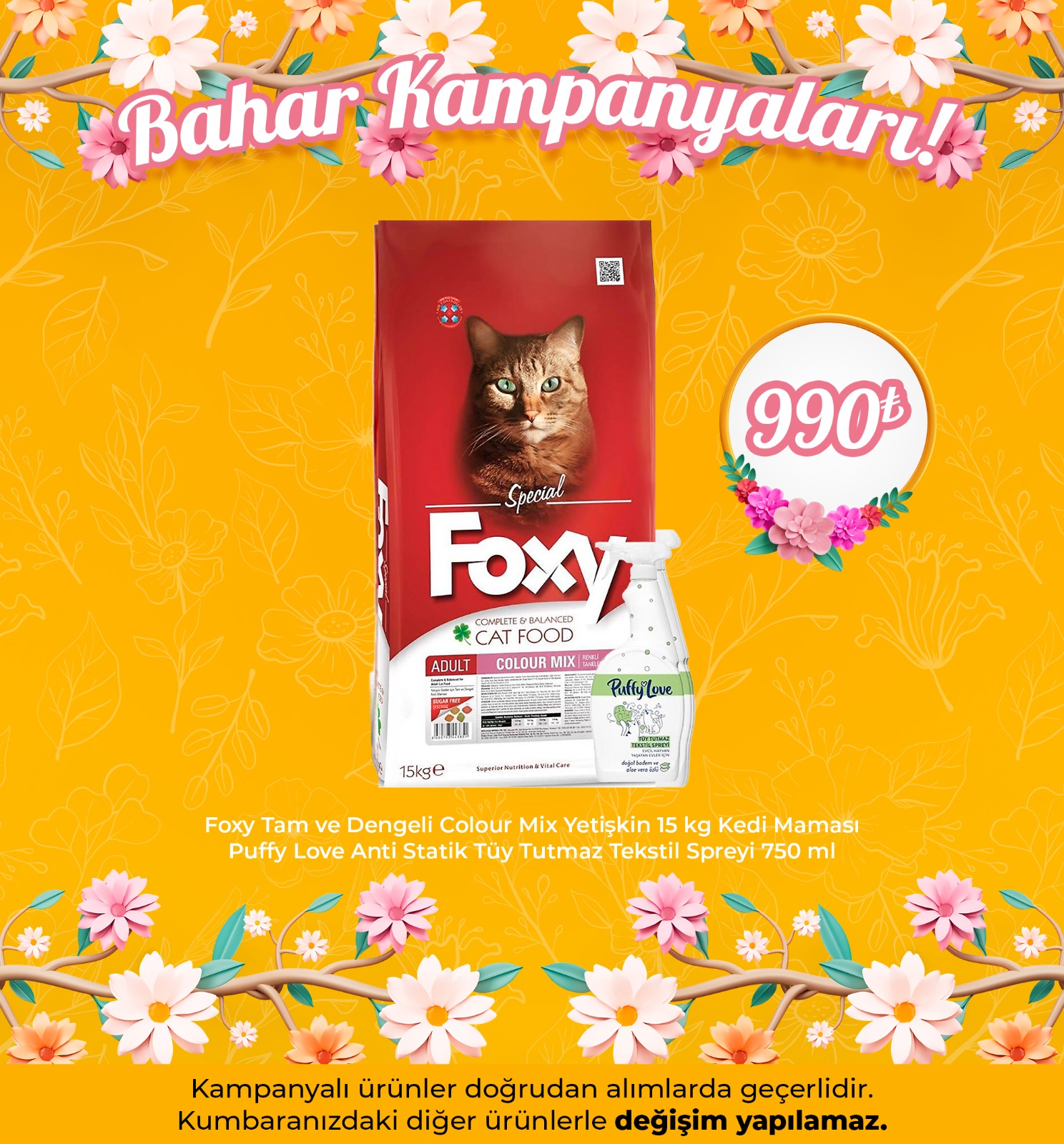 Foxy Tam ve Dengeli Colour Mix Yetişkin 15 kg Kedi Maması + Puffy Love Anti Statik Tüy Tutmaz Tekstil Spreyi 750 ml
