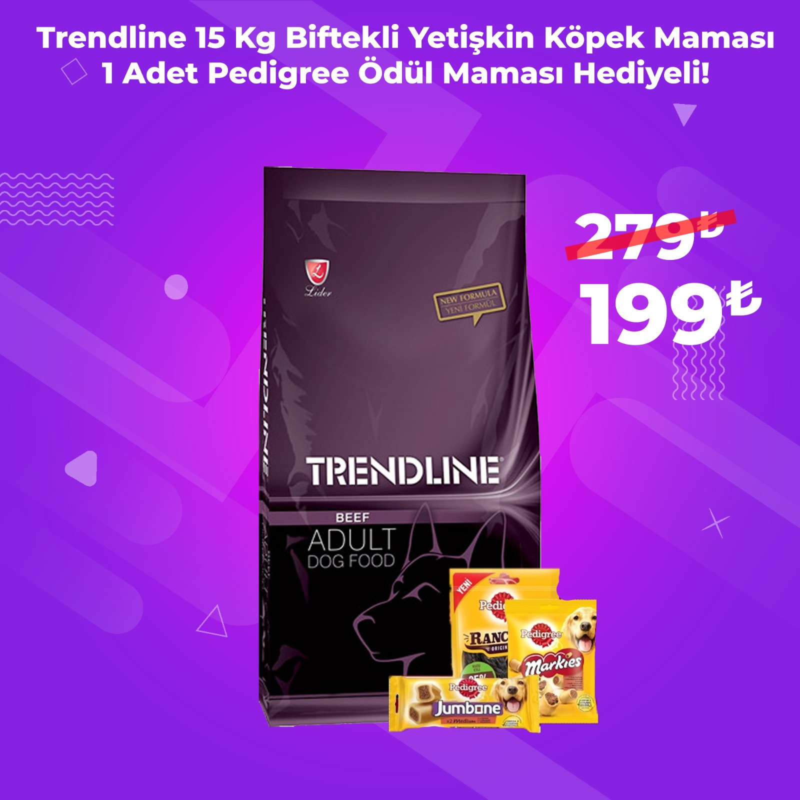 Trendline Biftekli Yetişkin Köpek Maması 15 Kg + 1 Adet Pedigree Ödül Maması Hediyeli