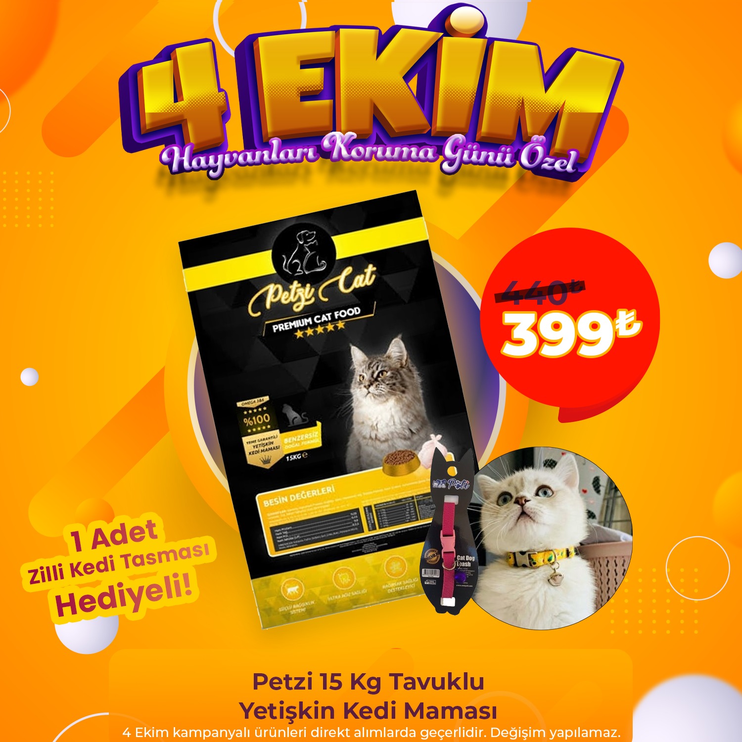 Petzi Cat Premium Tavuklu 15 Kg Yetişkin Kedi Maması + 1 Adet Zilli Kedi Tasması Hediyeli