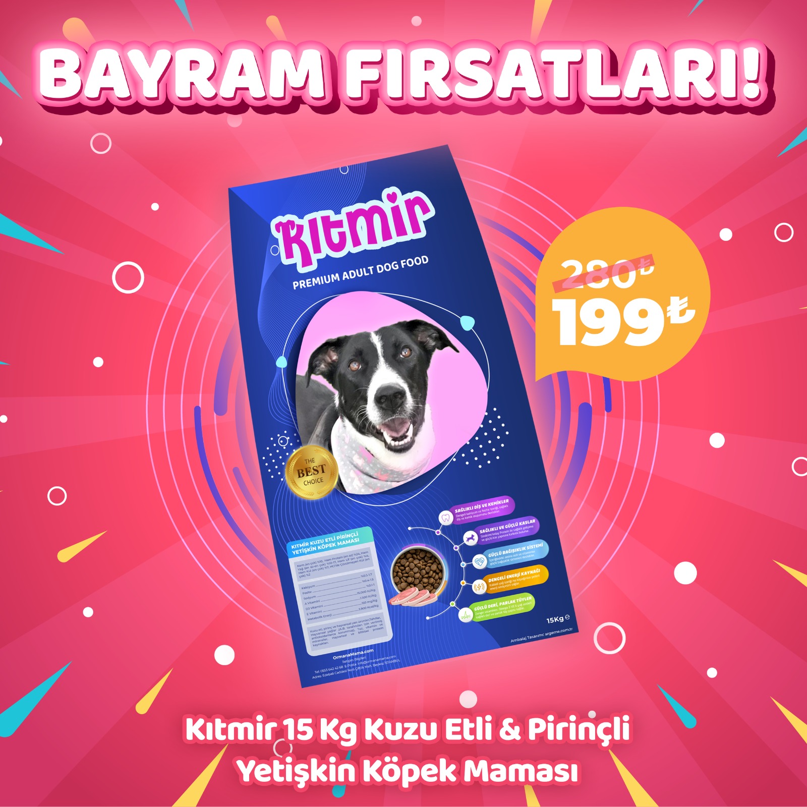 Kıtmir 15 Kg Kuzu Etli Pirinçli Premium Yetişkin Köpek Maması