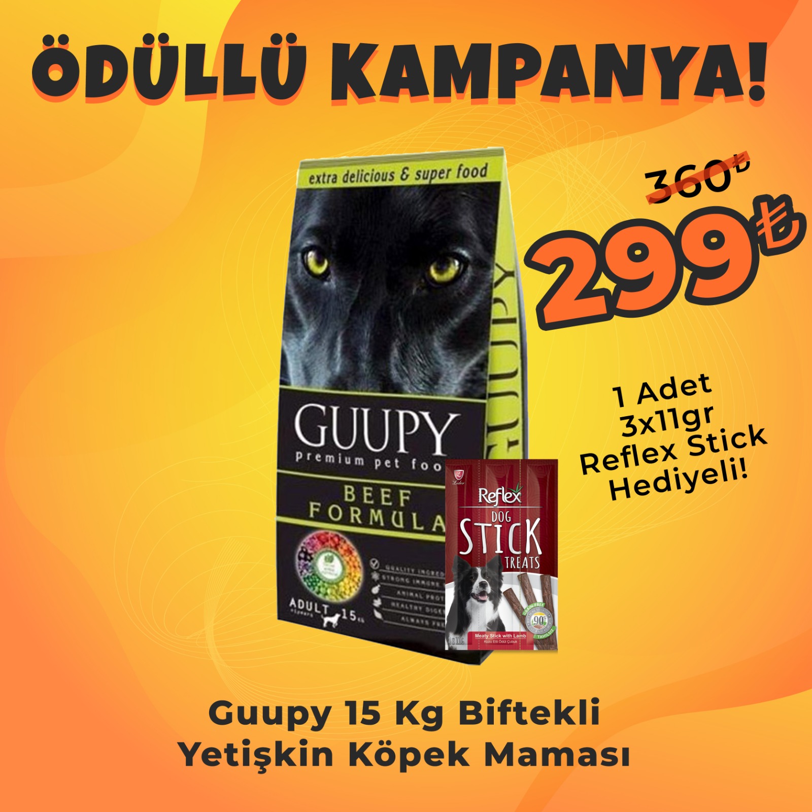 Guupy Biftekli Yetişkin Köpek Maması 15 Kg + Reflex Köpek Stick Ödül Hediyeli 3x11 Gr