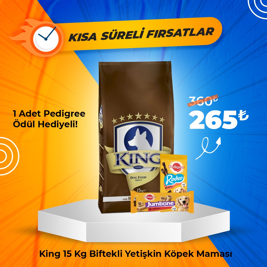 King Yetişkin Biftek Köpek Maması 15 Kg + 1 Adet Pedigree Ödül Maması Hediyeli