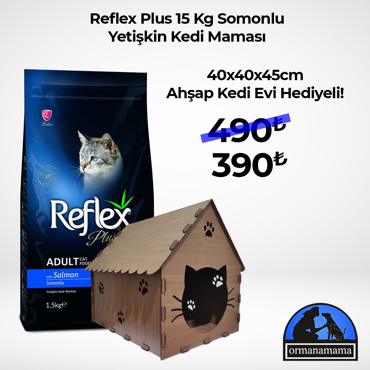 Reflex Plus Kedi Yetişkin Somonlu Kuru Mama 15 Kg + Ahşap Kedi Evi Hediyeli