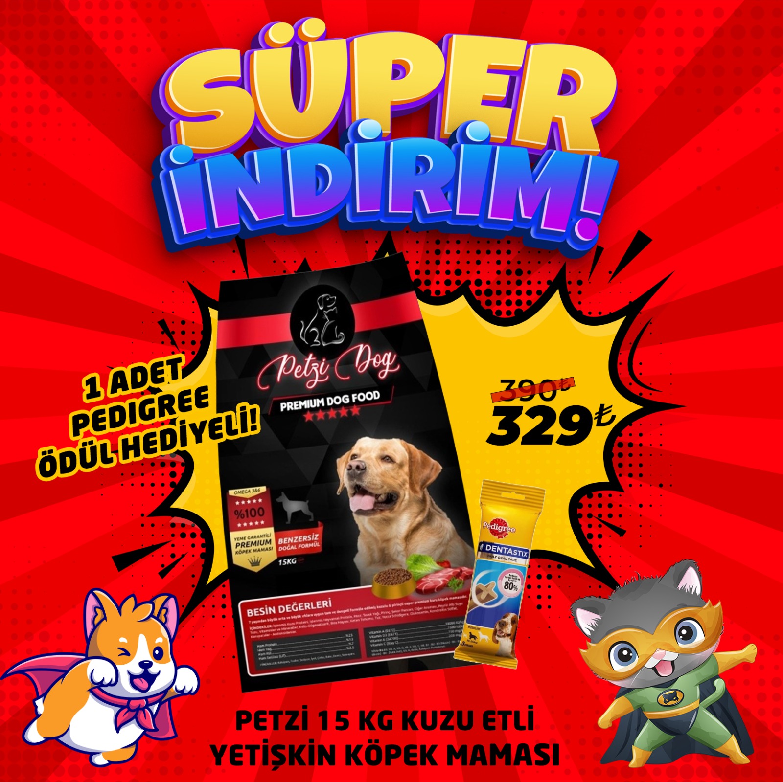 Petzi Dog Kuzu Etli 15 Kg Yetişkin Köpek Maması + 1 Adet Pedigree Ödül Maması Hediye
