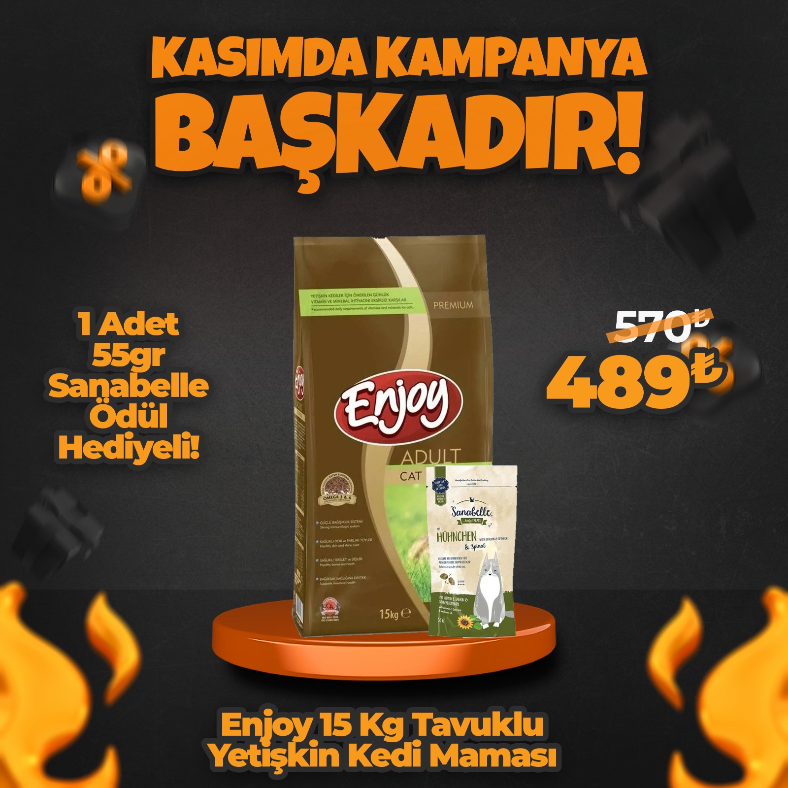 Enjoy 15 Kg Tavuklu Yetişkin Kedi Maması + 1 Adet 55 gr Sanabelle Ödül Hediyeli