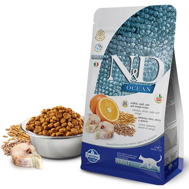 N-D Ocean Düşük Tahıllı Morina Balıklı Portakallı Yetişkin Kedi Maması 1.5 Kg