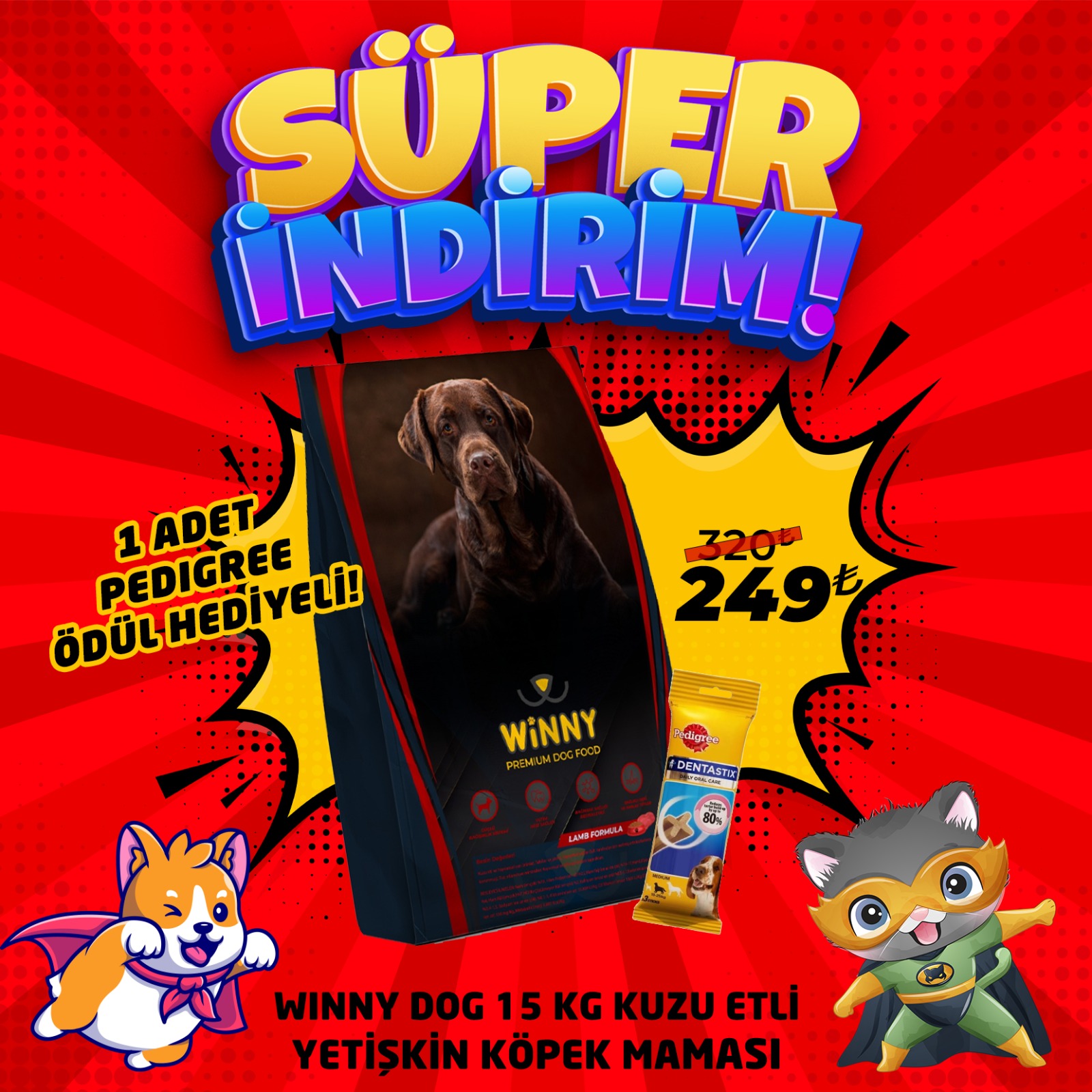 Winny Premium 15 Kg Kuzu Etli Yetişkin Köpek Maması + 1 Adet Pedigree Ödül Maması Hediyeli