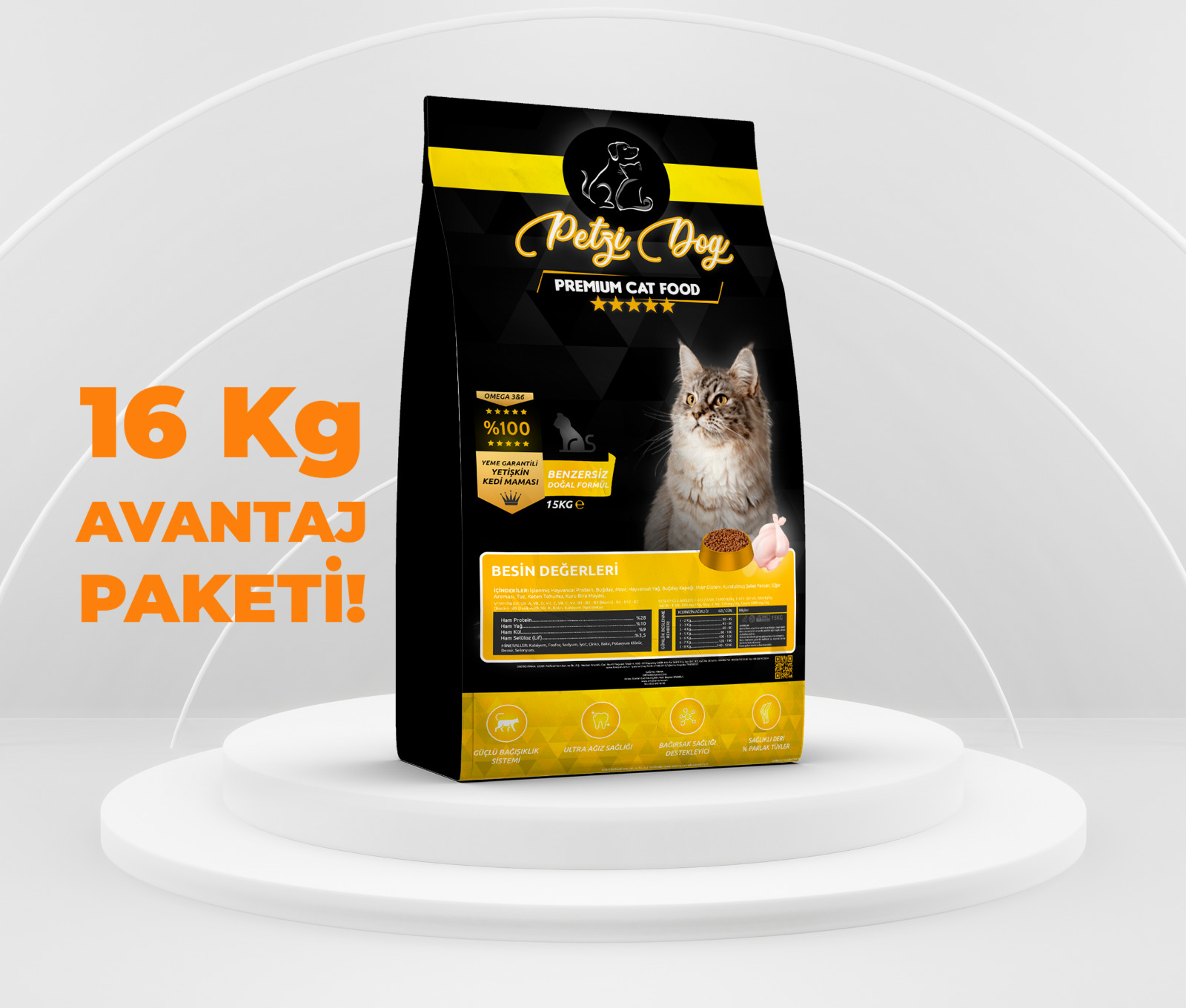 Petzi Cat Premium Tavuklu Yetişkin Kedi Maması 15 Kg + 1 Kg (Avantaj Paketi)