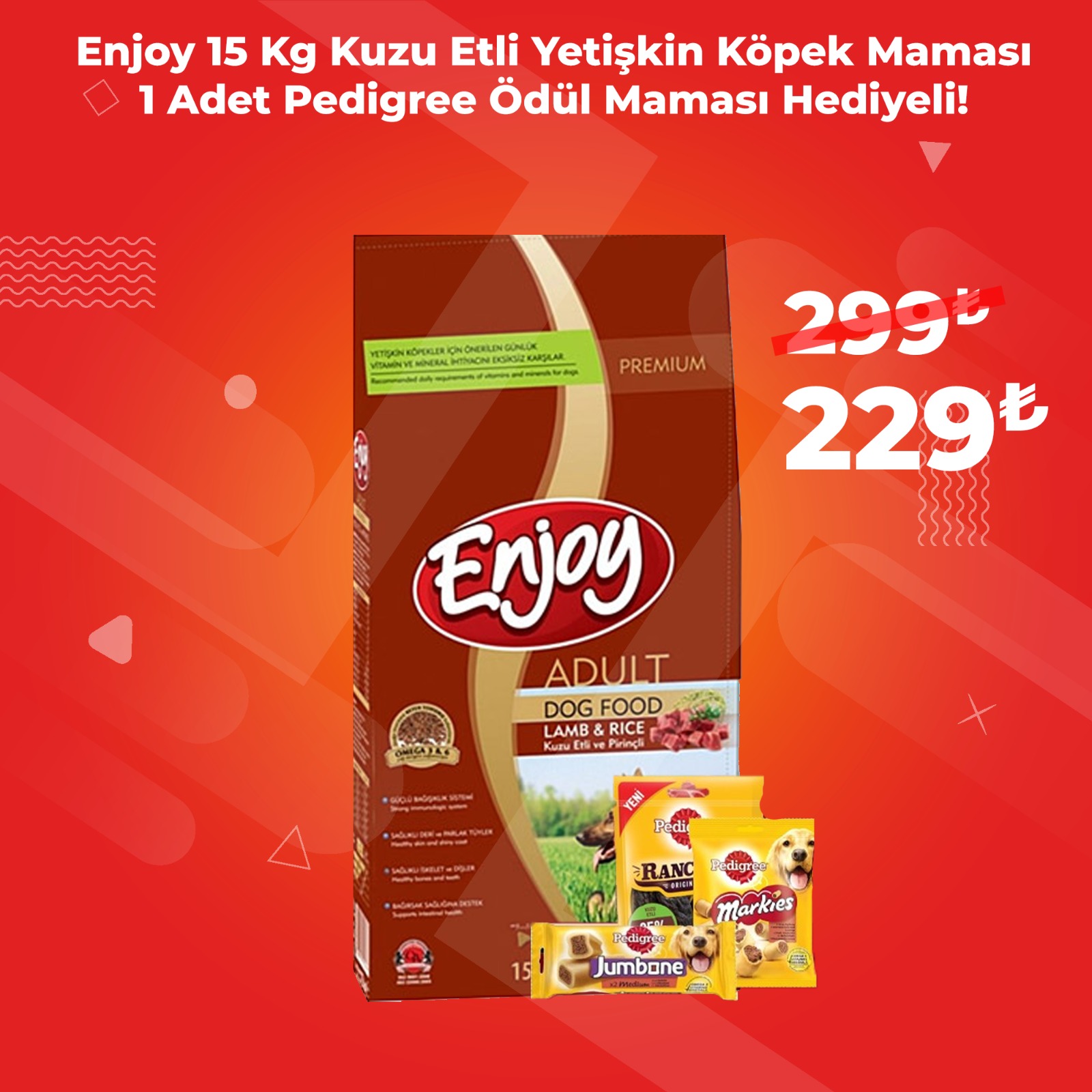 Enjoy 15 Kg Yetişkin Kuzu Etli Pirinçli Yetişkin Köpek Maması + 1 Adet Pedigree Ödül Maması Hediye