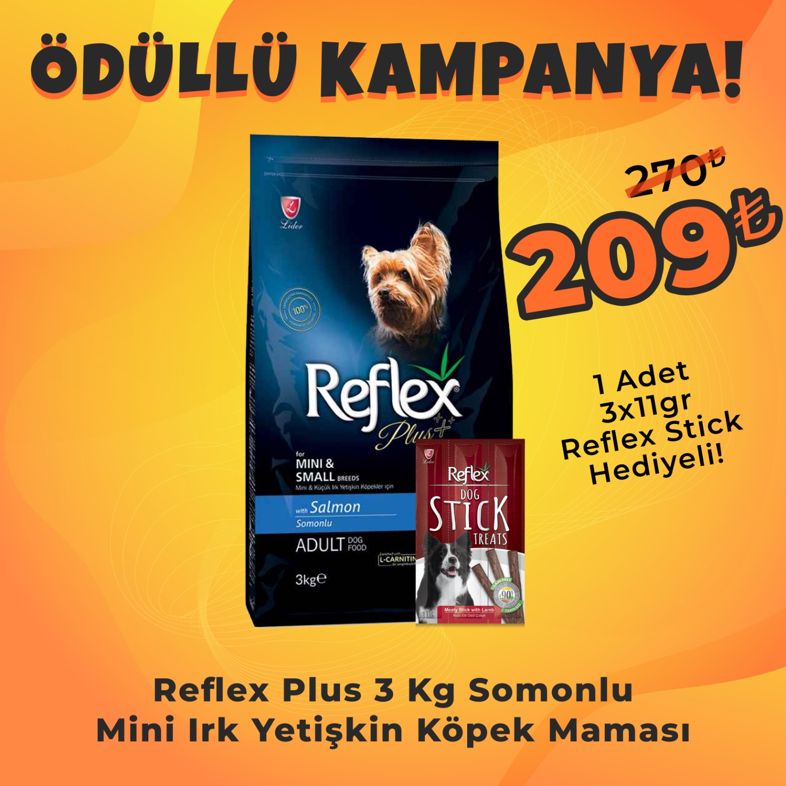 Reflex Plus Mini Irk Somonlu Yetişkin Köpek Maması 3 Kg + Reflex Köpek Stick Ödül Hediyeli 3x11 Gr