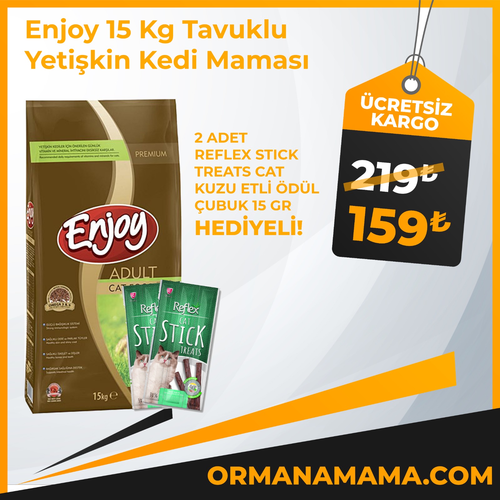 Enjoy Tavuklu Yetişkin Kedi Maması 15 kg + 2 Adet Reflex Stick Kedi Ödülü Hediyeli 