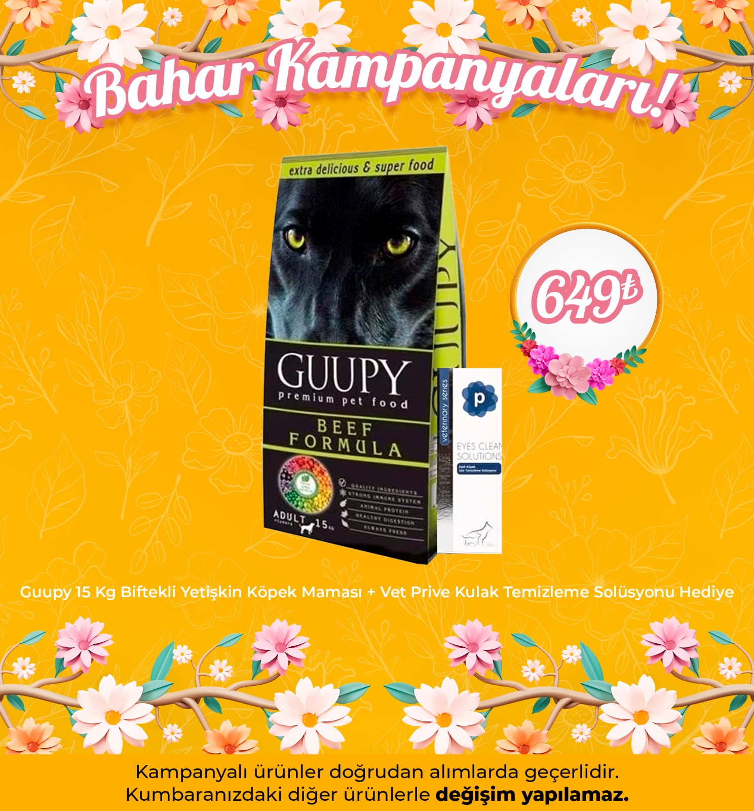 Guupy Biftekli Yetişkin Köpek Maması 15 Kg + Vet Prive Kulak Temizleme Solüsyonu Hediye