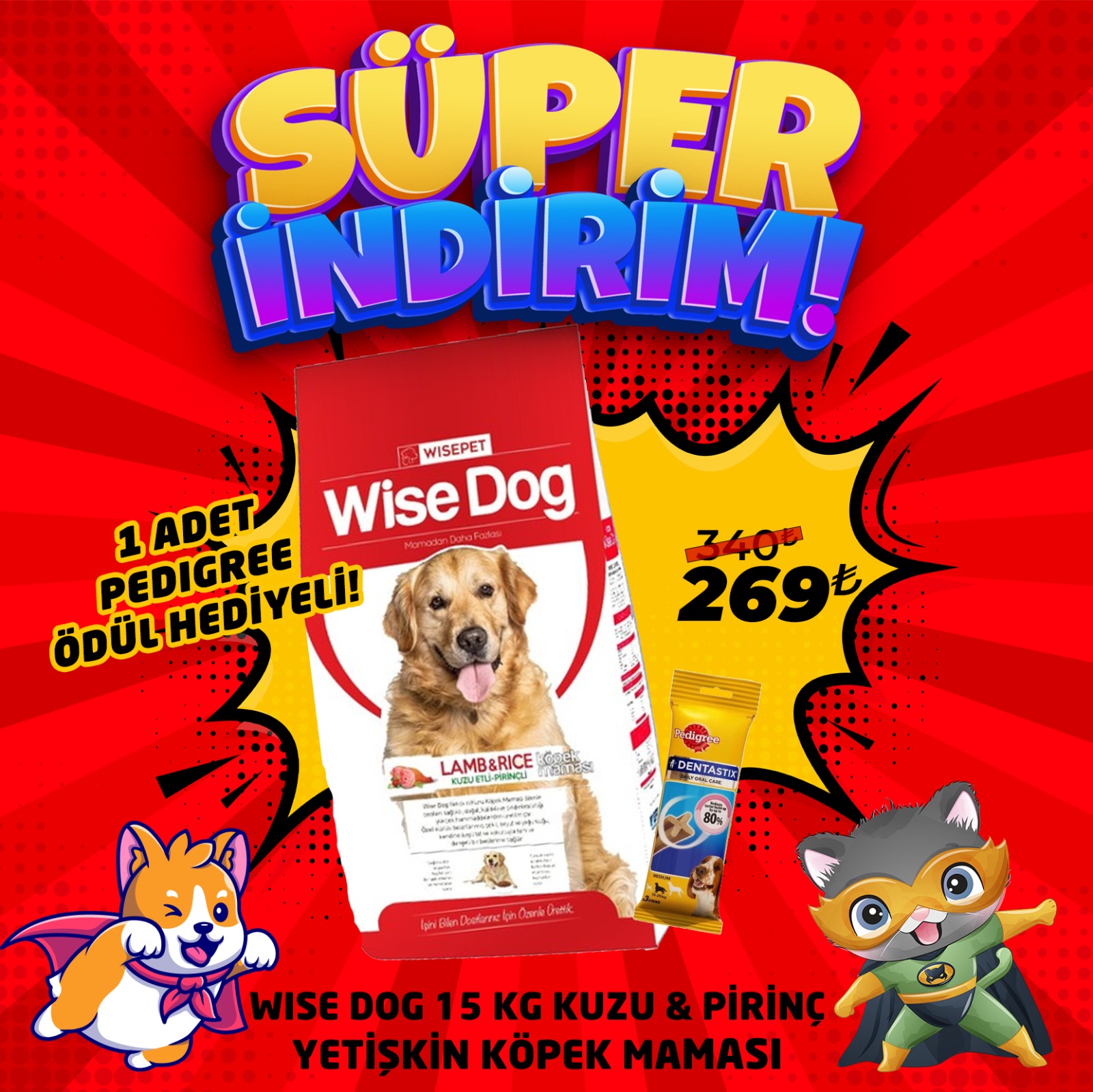 Wise Dog Kuzu Etli Yetişkin Köpek Maması 15 Kg + 1 Adet Pedigree Ödül Maması Hediyeli