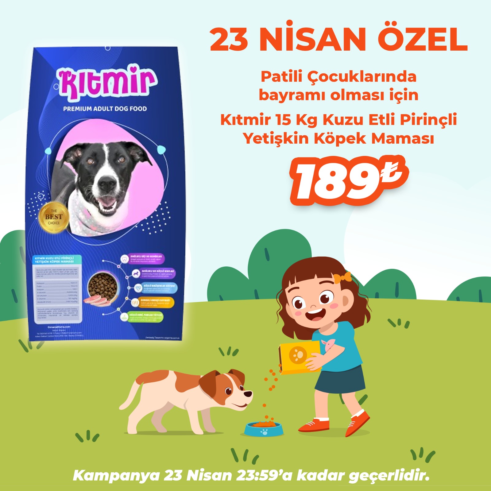 23 Nisan Özel Kıtmir 15 Kg Kuzu Etli Pirinçli Yetişkin Köpek Maması