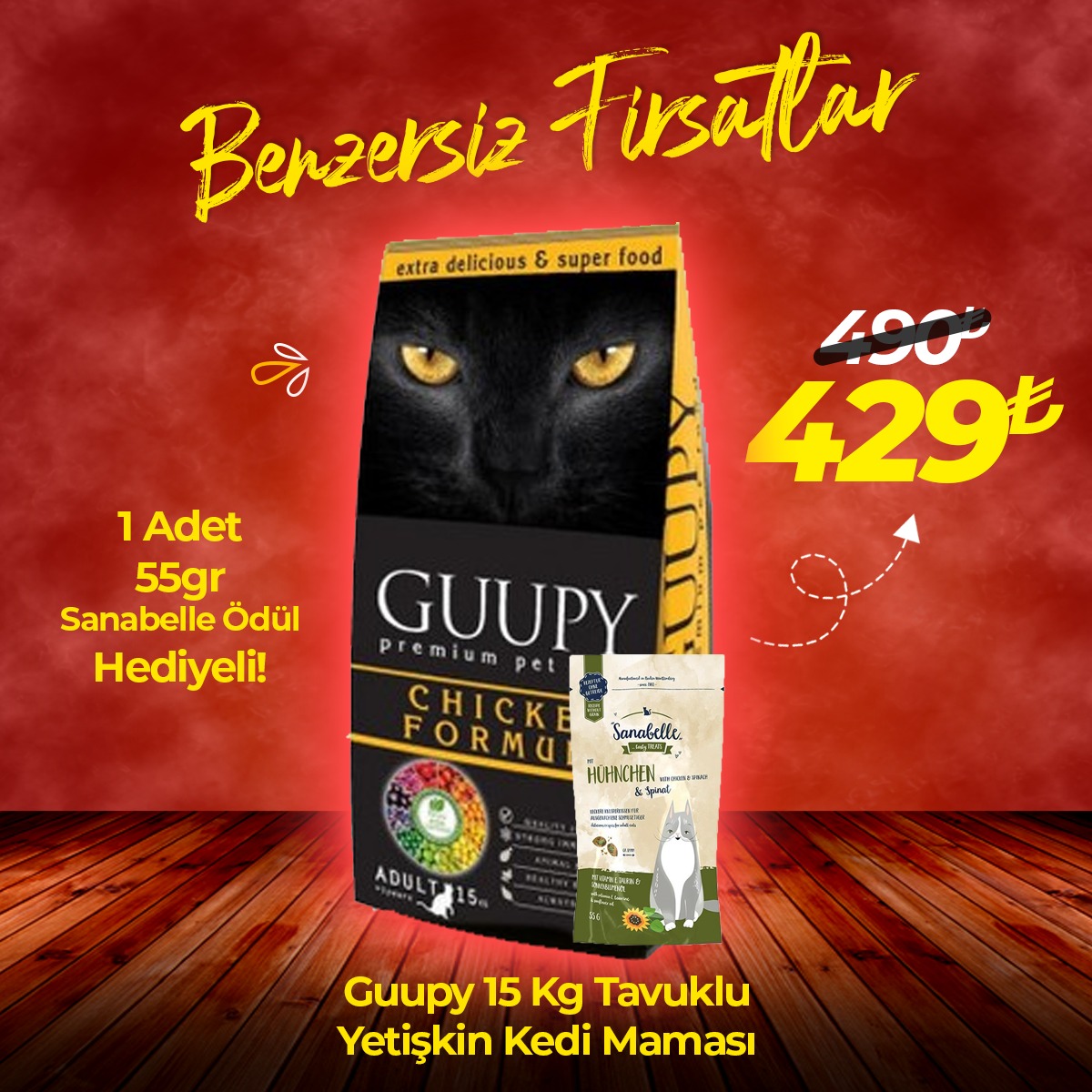 Guupy 15 Kg Tavuklu Yetişkin Kedi Maması + 1 Adet Sanabelle Kedi Ödül Maması Hediye