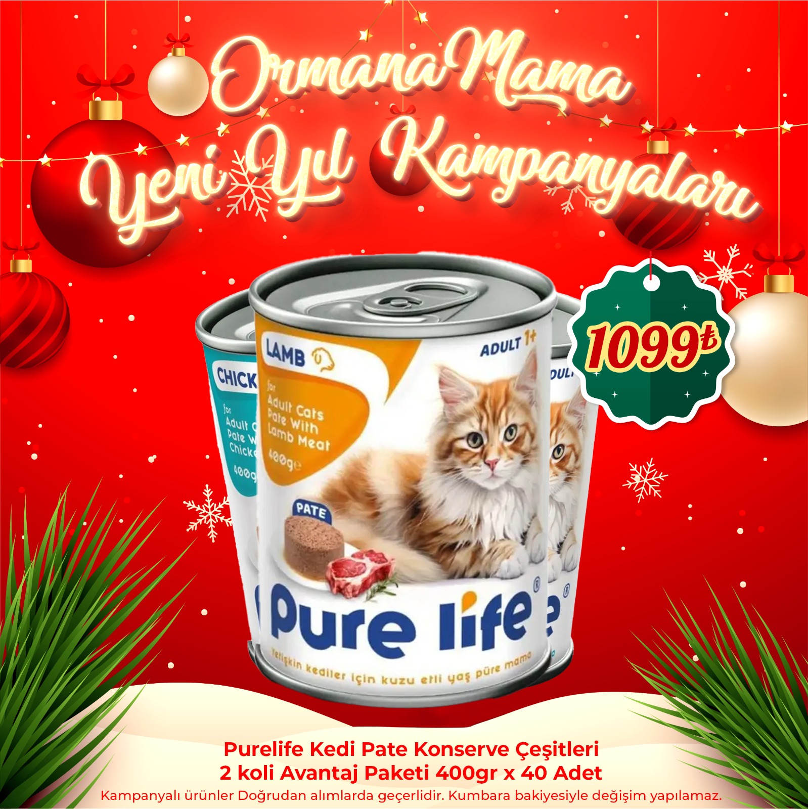 Purelife Kedi Pate Konserve çeşitleri 2 koli Avantaj Paketi (40 Adet)