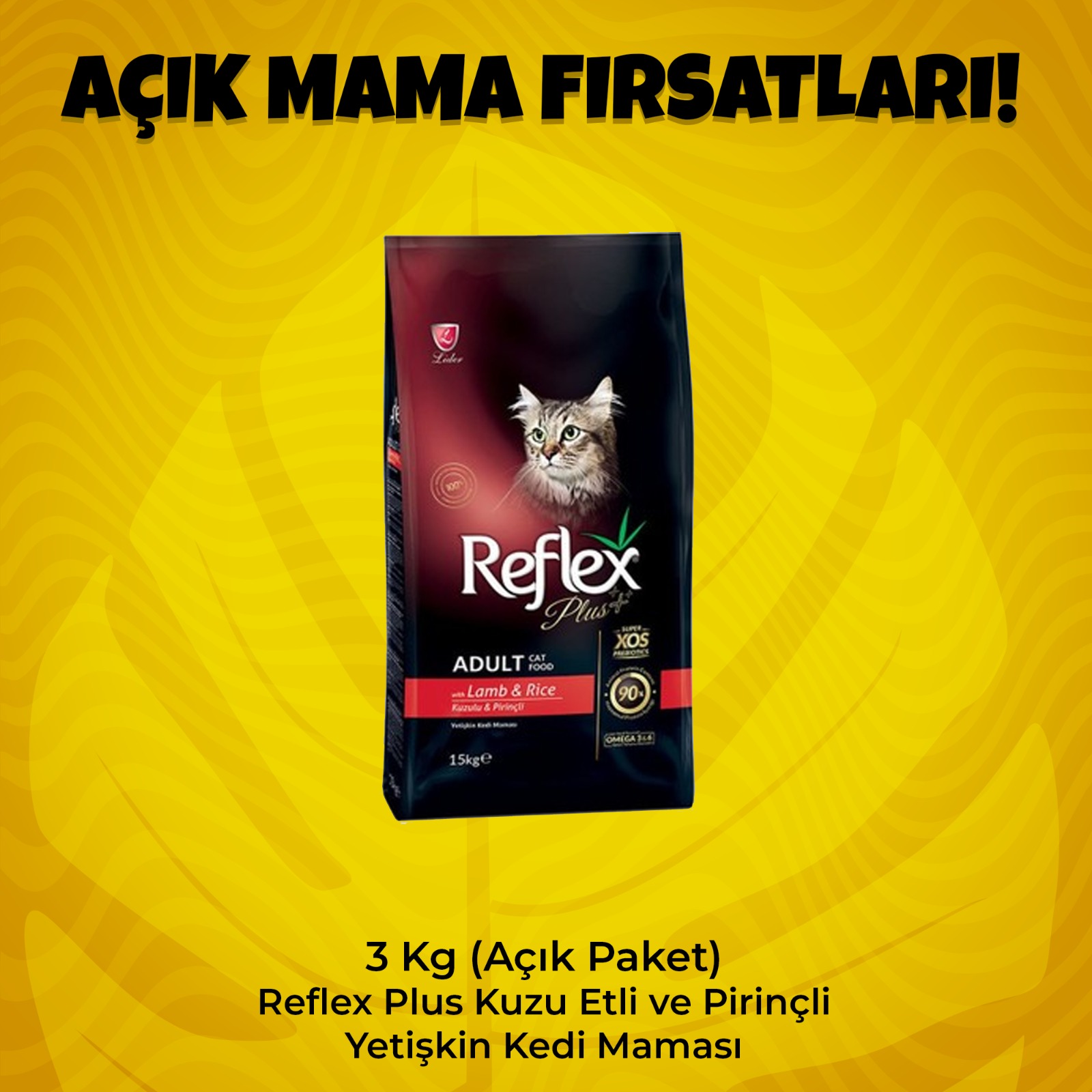 3 Kg (Açık Paket) Reflex Plus Kuzu Etli ve Pirinçli Yetişkin Kedi Maması