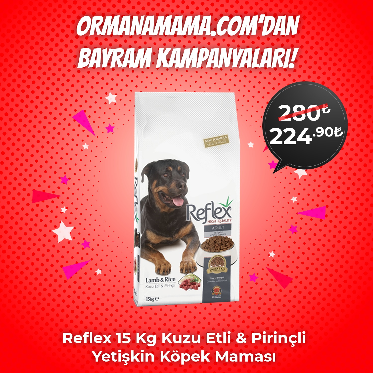 Reflex 15 Kg Kuzu Etli & Pirinçli Yetişkin Köpek Maması