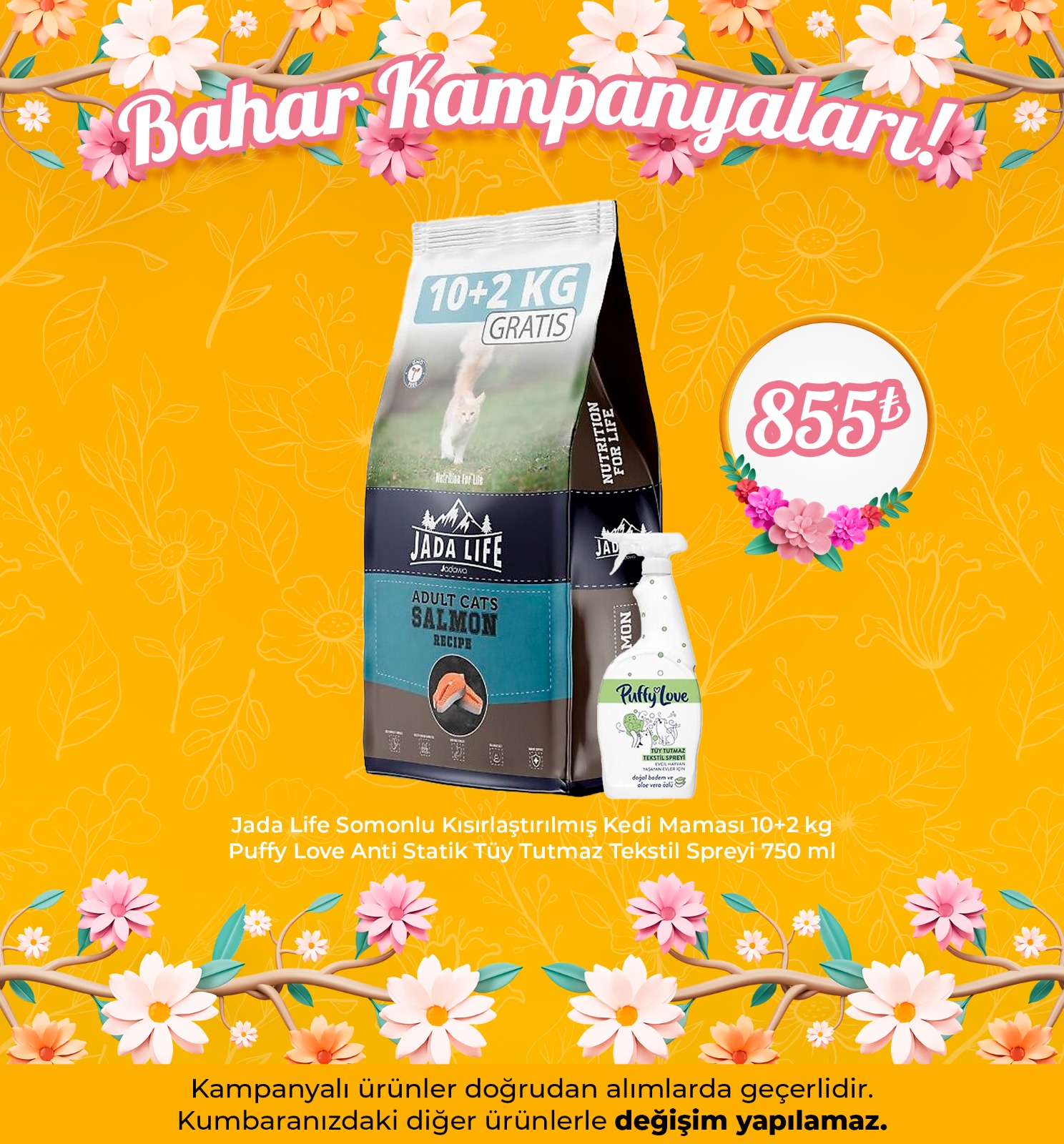 Jada Life Somonlu Kısırlaştırılmış Kedi Maması 10+2 kg +  Puffy Love Anti Statik Tüy Tutmaz Tekstil Spreyi 750 ml