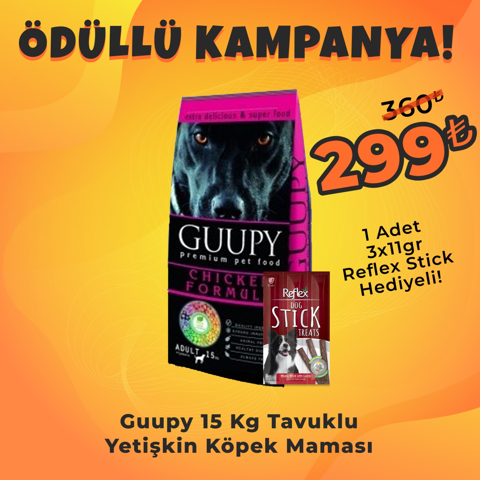 Guupy Tavuklu Yetişkin Köpek Maması 15 Kg + Reflex Köpek Stick Ödül Hediyeli 3x11 Gr