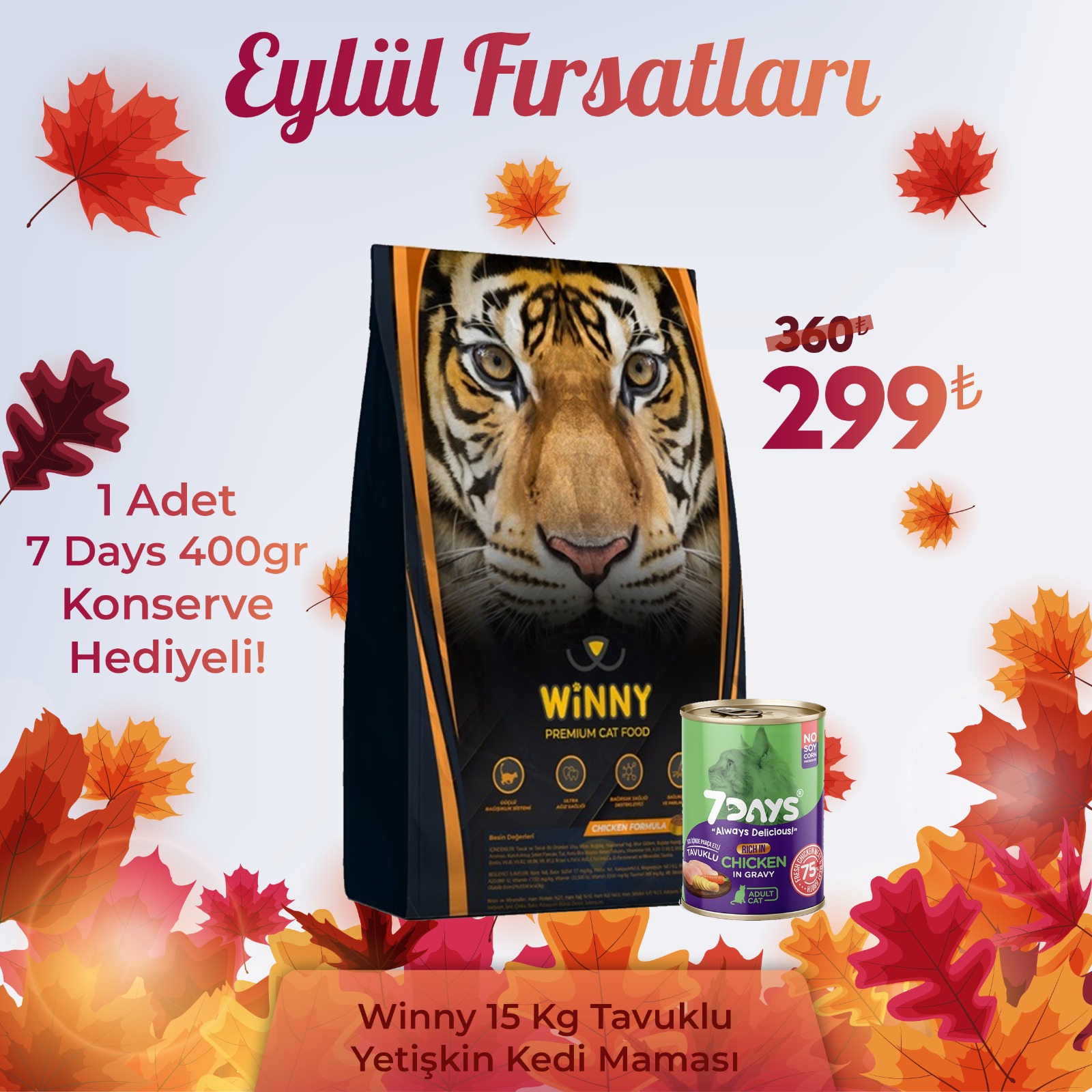 Winny Premium 15 Kg Tavuklu Yetişkin Kedi Maması + 1 Adet 7 Days Kedi Konserve