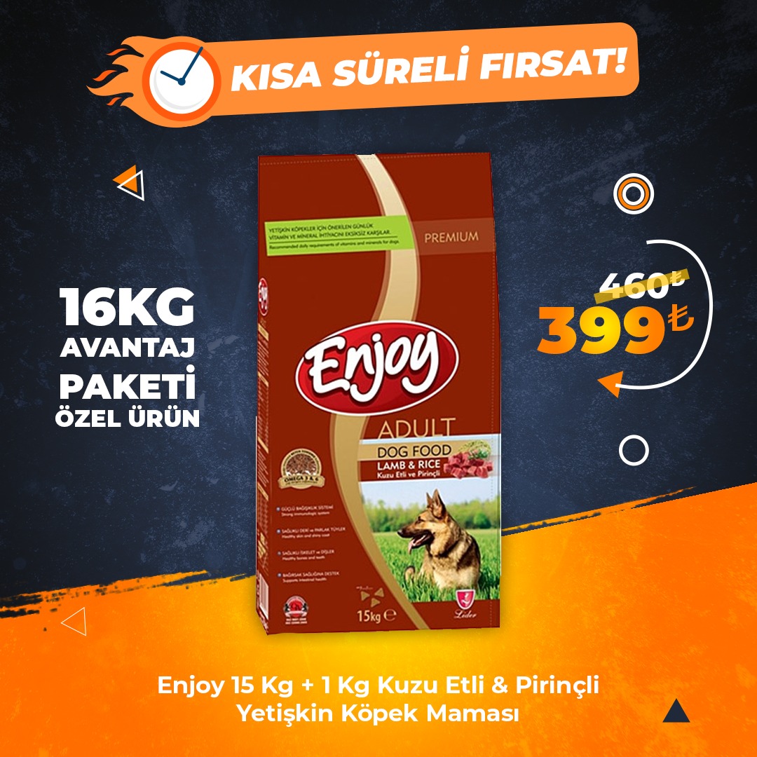 Enjoy 15 Kg + 1 Kg Kuzu Etli & Pirinçli Yetişkin Köpek Maması