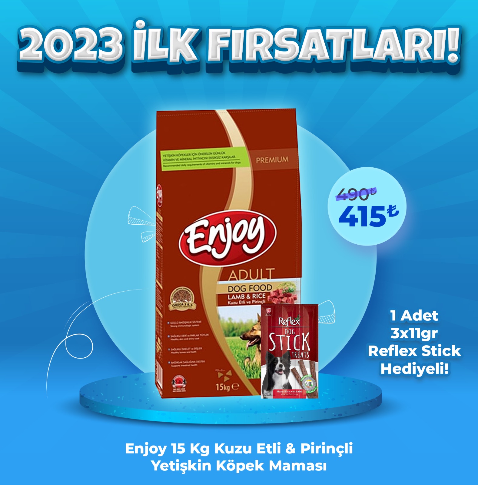 Enjoy Yetişkin Kuzu Etli Pirinçli Köpek Maması 15 Kg + 1 Adet Reflex 3x11 gr Stick Ödül Maması Hediyeli