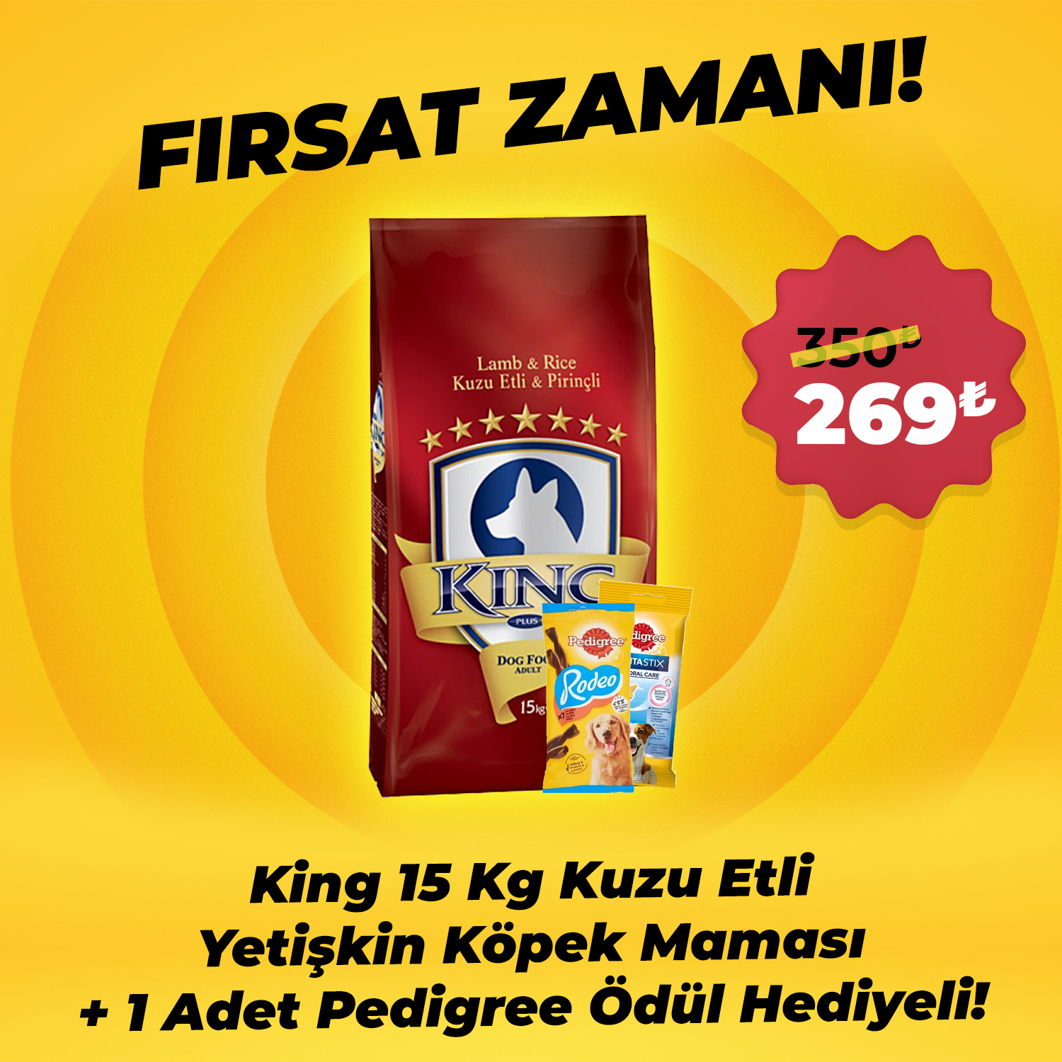 King 15 Kg Kuzu Etli Yetişkin Köpek Maması + 1 Adet Pedigree Ödül Hediyeli