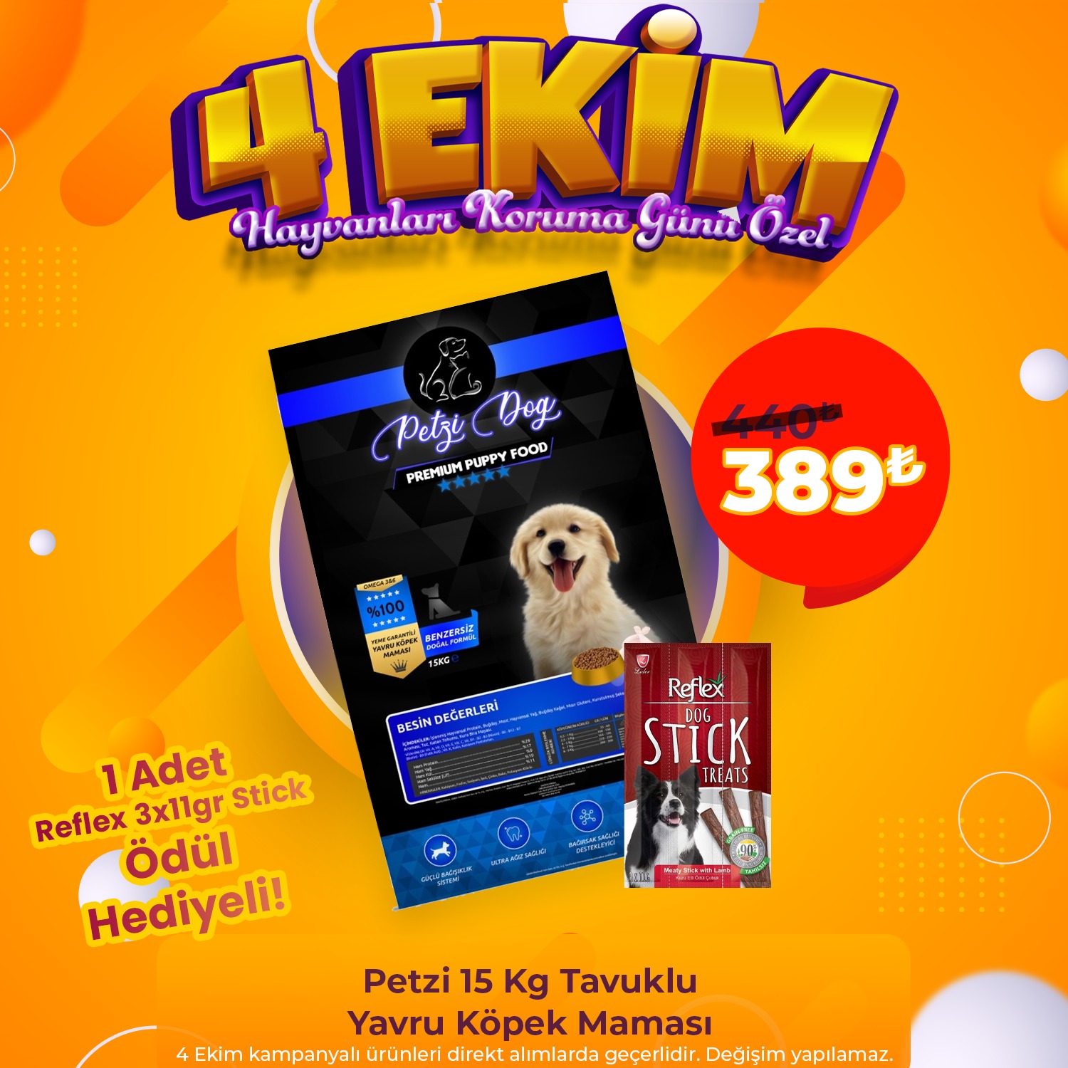 Petzi Dog 15 Kg Tavuklu Yavru Köpek Maması + 1 Adet Reflex Stick Ödül Hediye