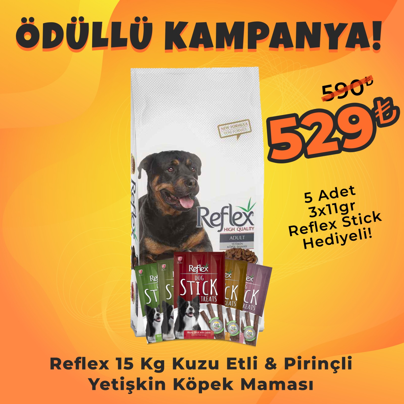Reflex 15 Kg Kuzu Etli Pirinçli Yetişkin Köpek Maması + 5 Adet Reflex Köpek Stick Ödül Hediyeli 3x11 Gr