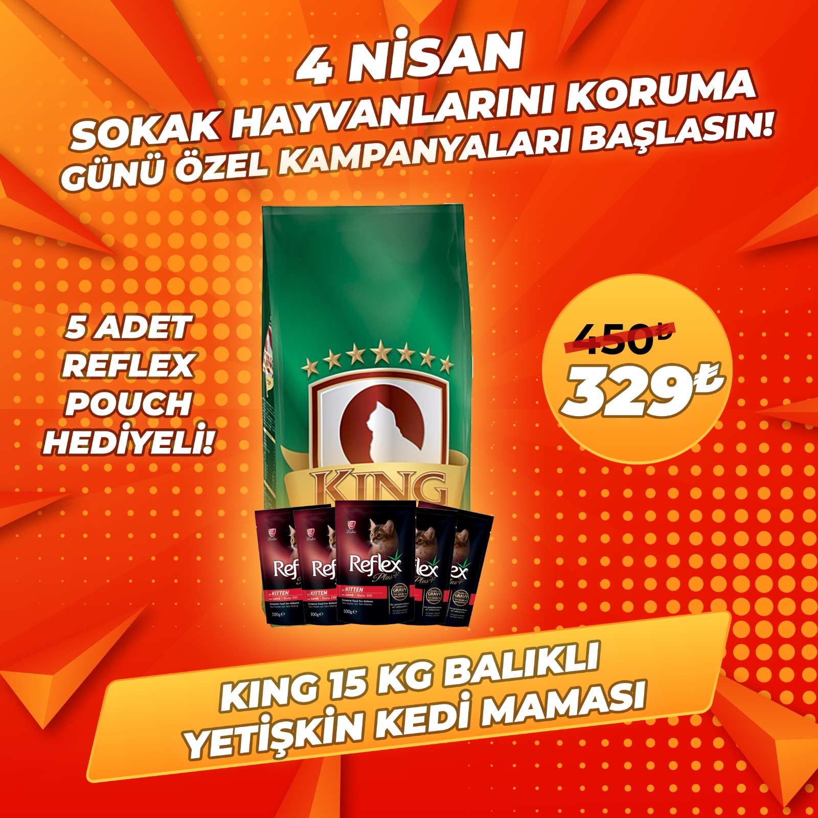 King 15 Kg Balıklı Yetişkin Kedi Maması + 5 Adet Reflex 100 Gr Kedi Pouch Hediye