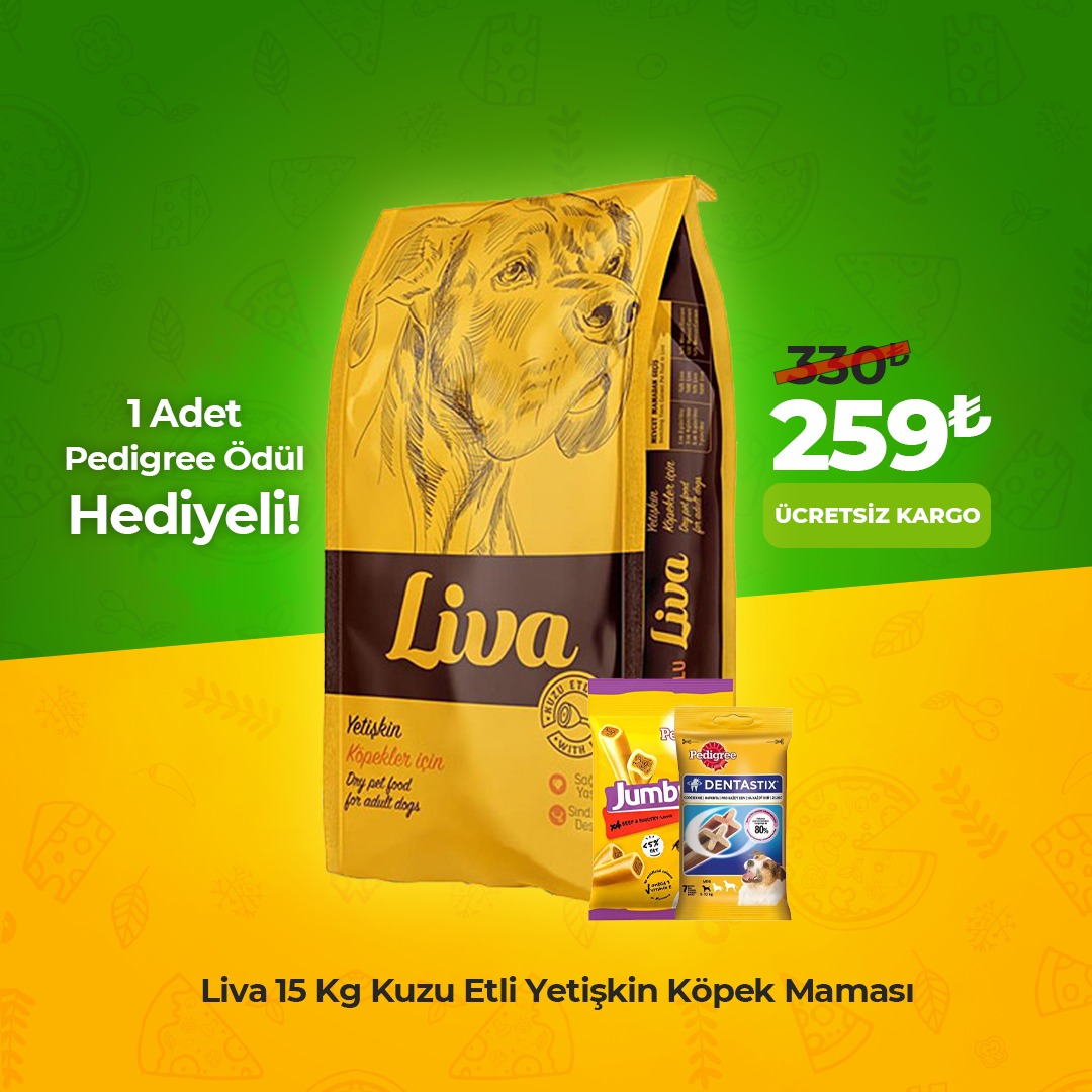Liva 15 Kg Kuzu Etli Yetşkin Köpek Maması + 1 Adet Pedigree Ödül Hediyeli!