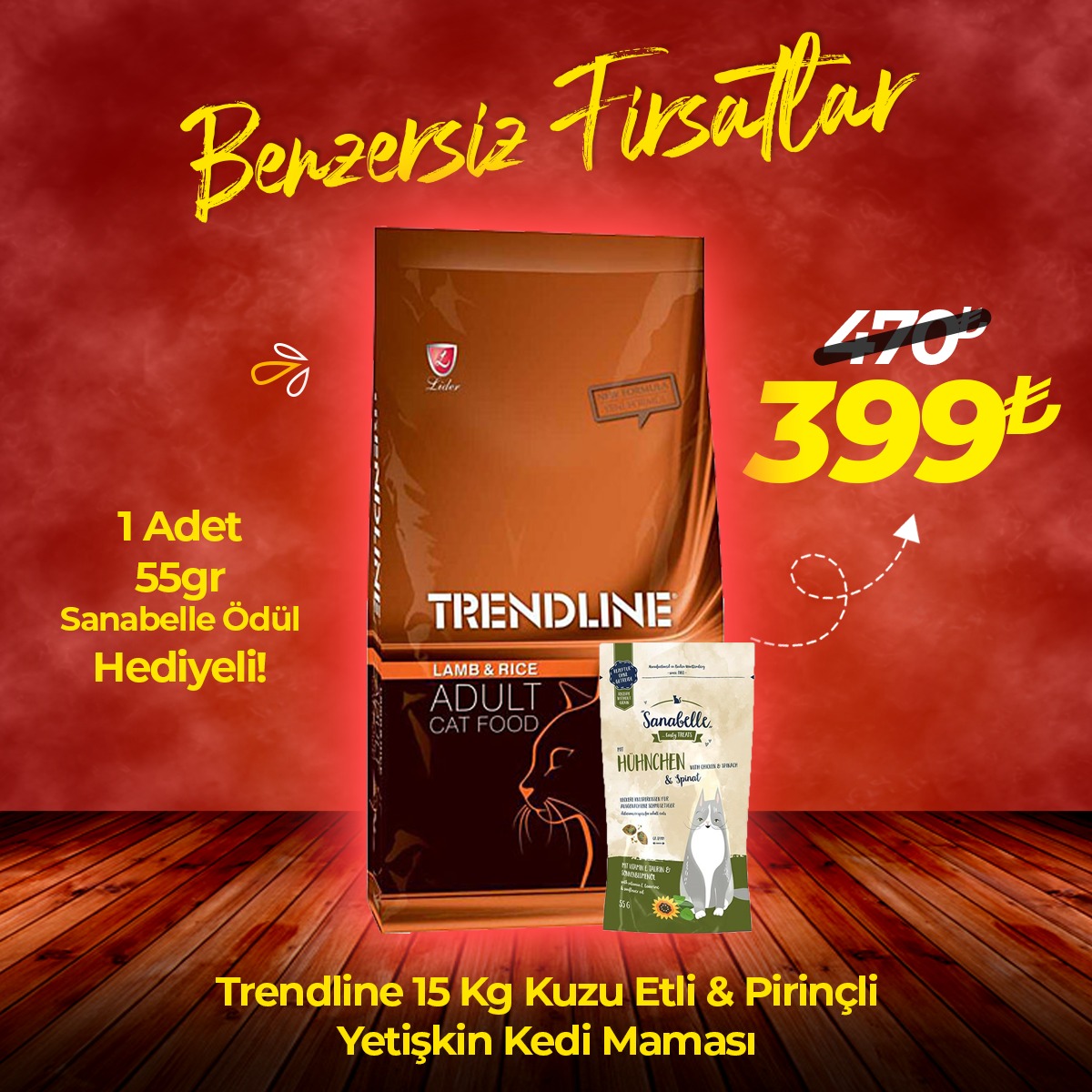 Trendline 15 Kg Kuzu Etli Pirinçli Yetişkin Kedi Maması + 1 Adet Sanabelle Kedi Ödül Hediyeli