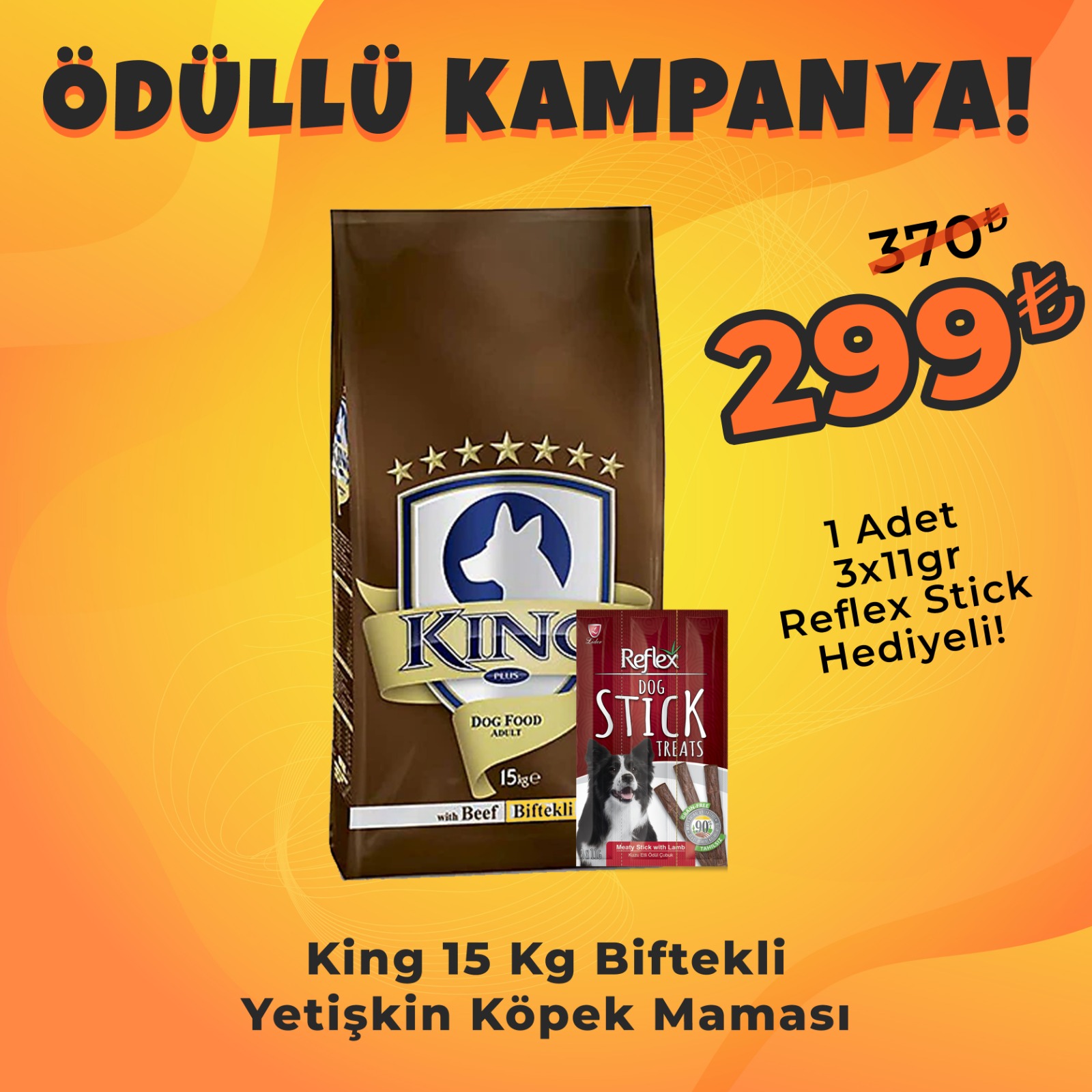 King Yetişkin Biftek Köpek Maması 15 Kg + Reflex Köpek Stick Ödül Hediyeli 3x11 Gr