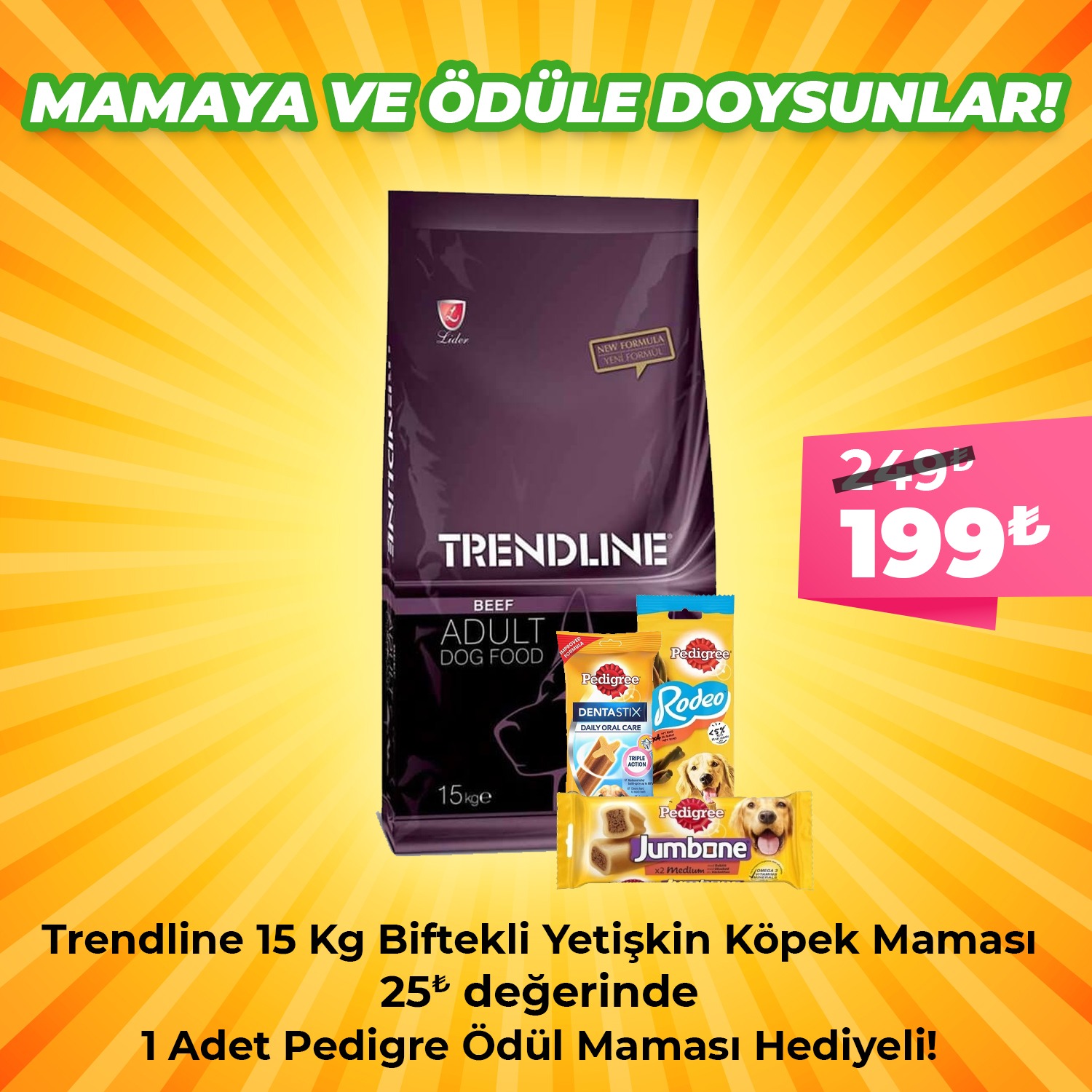 Trendline Biftekli Yetişkin Köpek Maması 15 Kg + 1 Adet Pedigree Ödül Maması Hediyeli