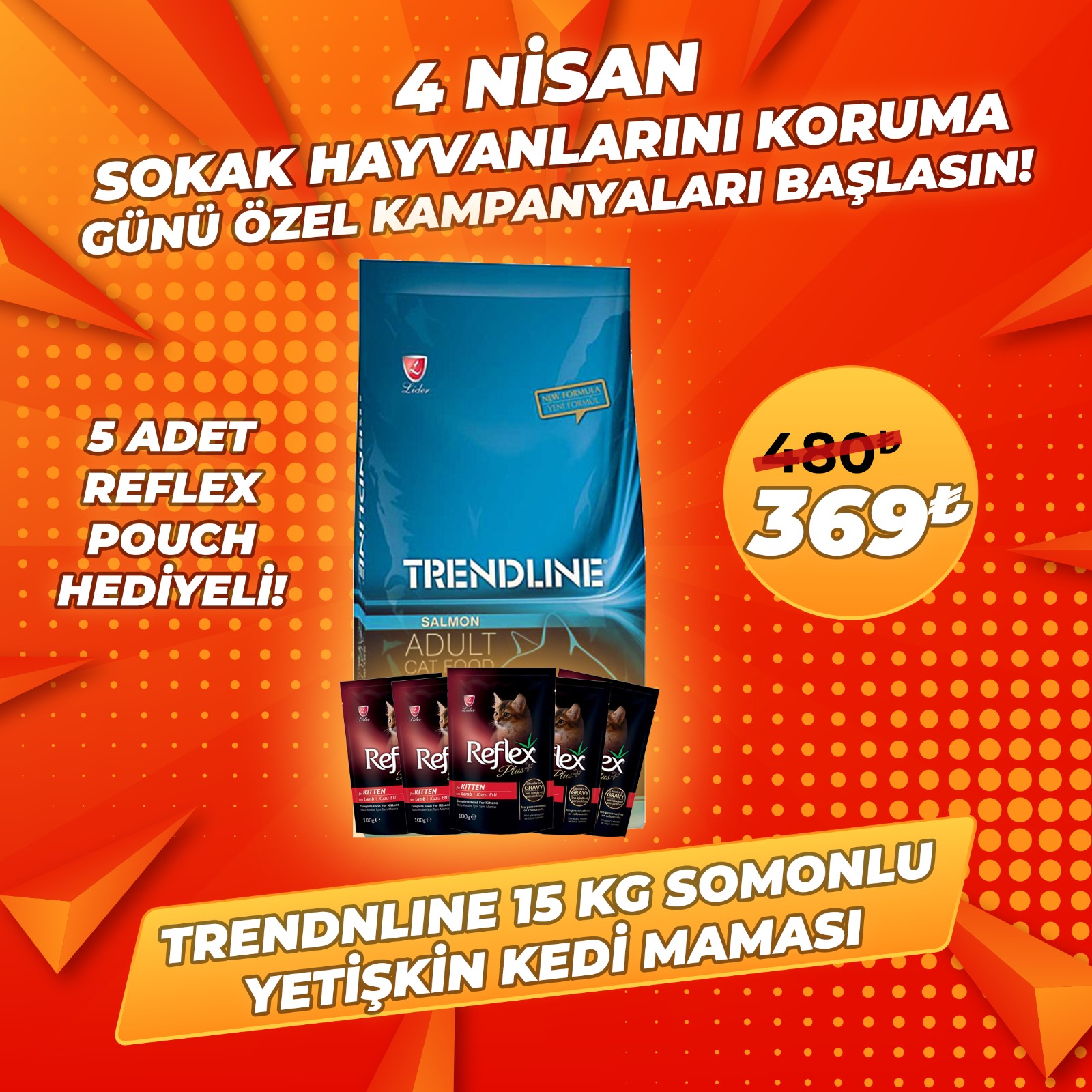 Trendline 15 Kg Somonlu Yetişkin Kedi Maması + 5 Adet Reflex 100 Gr Kedi Pouch Hediye