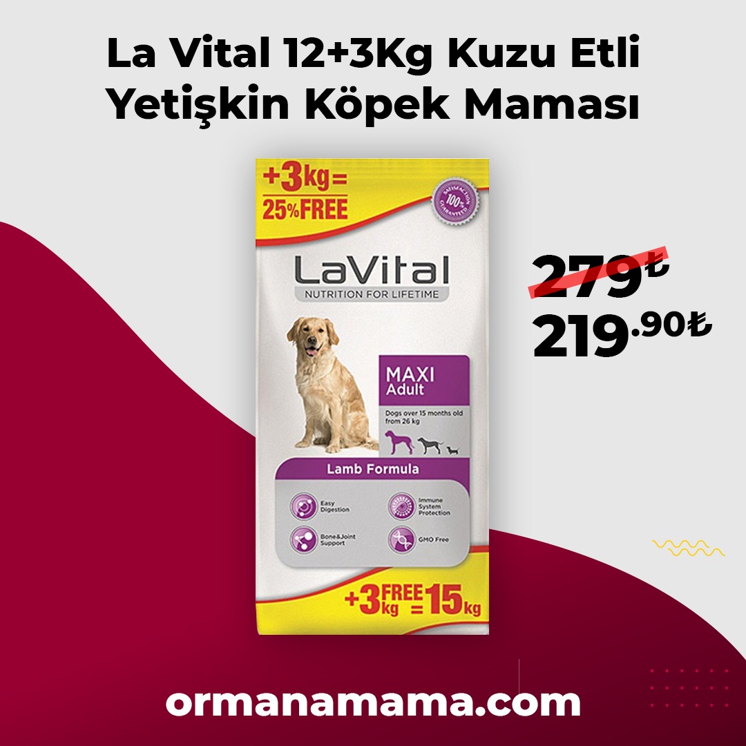 La Vital Kuzu Etli Büyük Irk Köpek Maması 12 KG + 3 KG