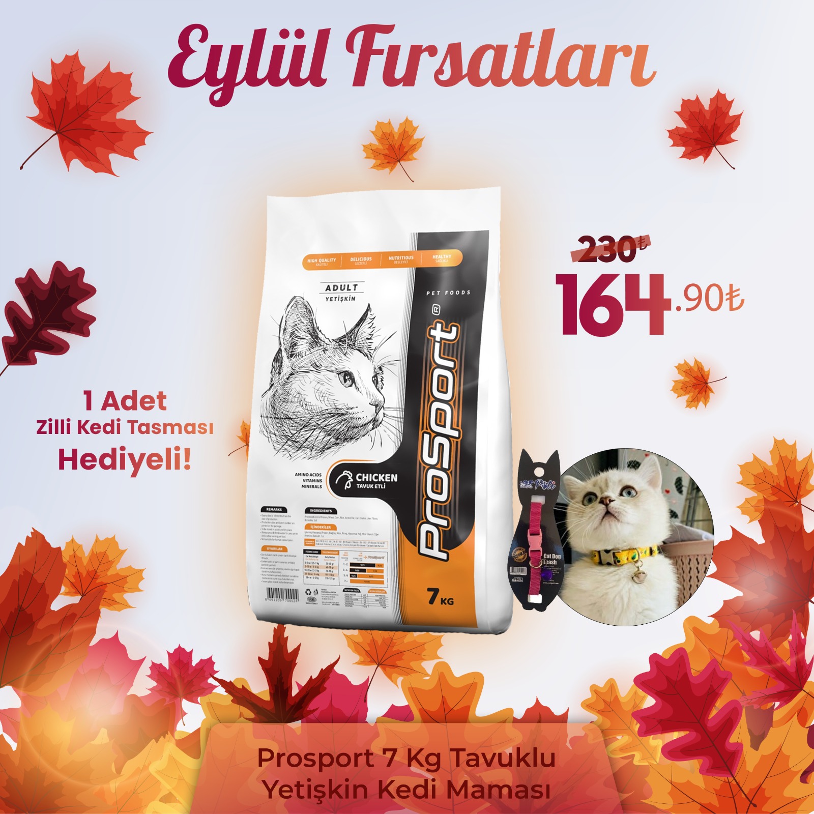 Prosport 7 Kg Tavuklu Yetişkin Kedi Maması + 1 Adet Zilli Kedi Tasması Hediyeli