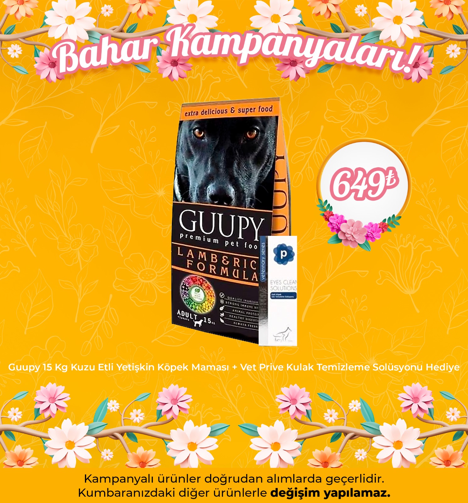 Guupy 15 Kg Kuzu Etli Yetişkin Köpek Maması + Vet Prive Kulak Temizleme Solüsyonu Hediye