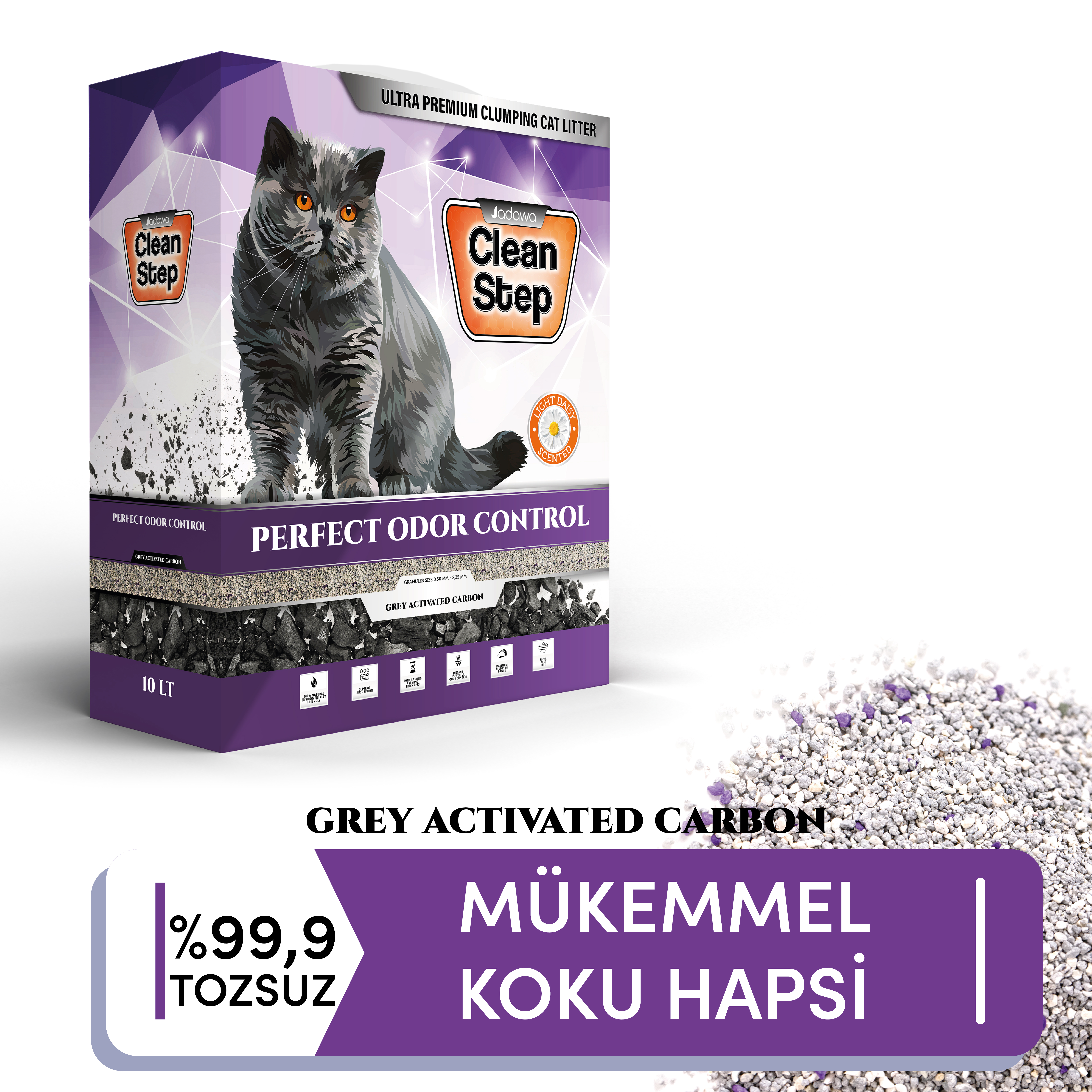 Clean Step Perfect Odor Control Aktif Karbonlu Mükemmel Koku Kontrolü Papatya Kokulu İnce Tane Topaklanan Bentonit Kedi Kumu 10 LT