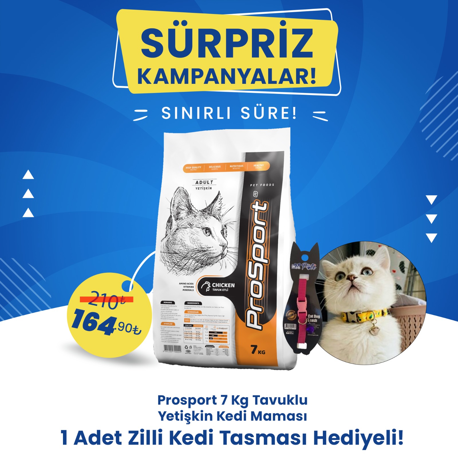 Prosport 7 Kg Tavuklu Yetişkin Kedi Maması + 1 Adet Zilli Kedi Tasması Hediyeli