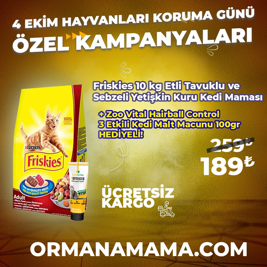 Friskies 10 Kg Etli ve Tavuklu Yetişkin Kedi Maması + Zoovital 100 ml Malt Hediyeli