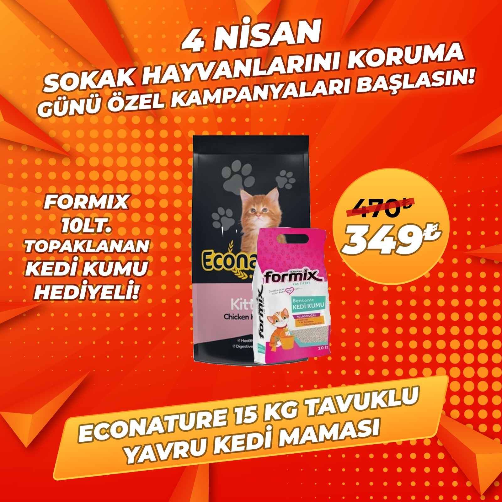 Econature Kitten 15 Kg Tavuklu Yavru Kedi Maması + Formix 10 Lt Bentonit Kedi Kumu Hediye