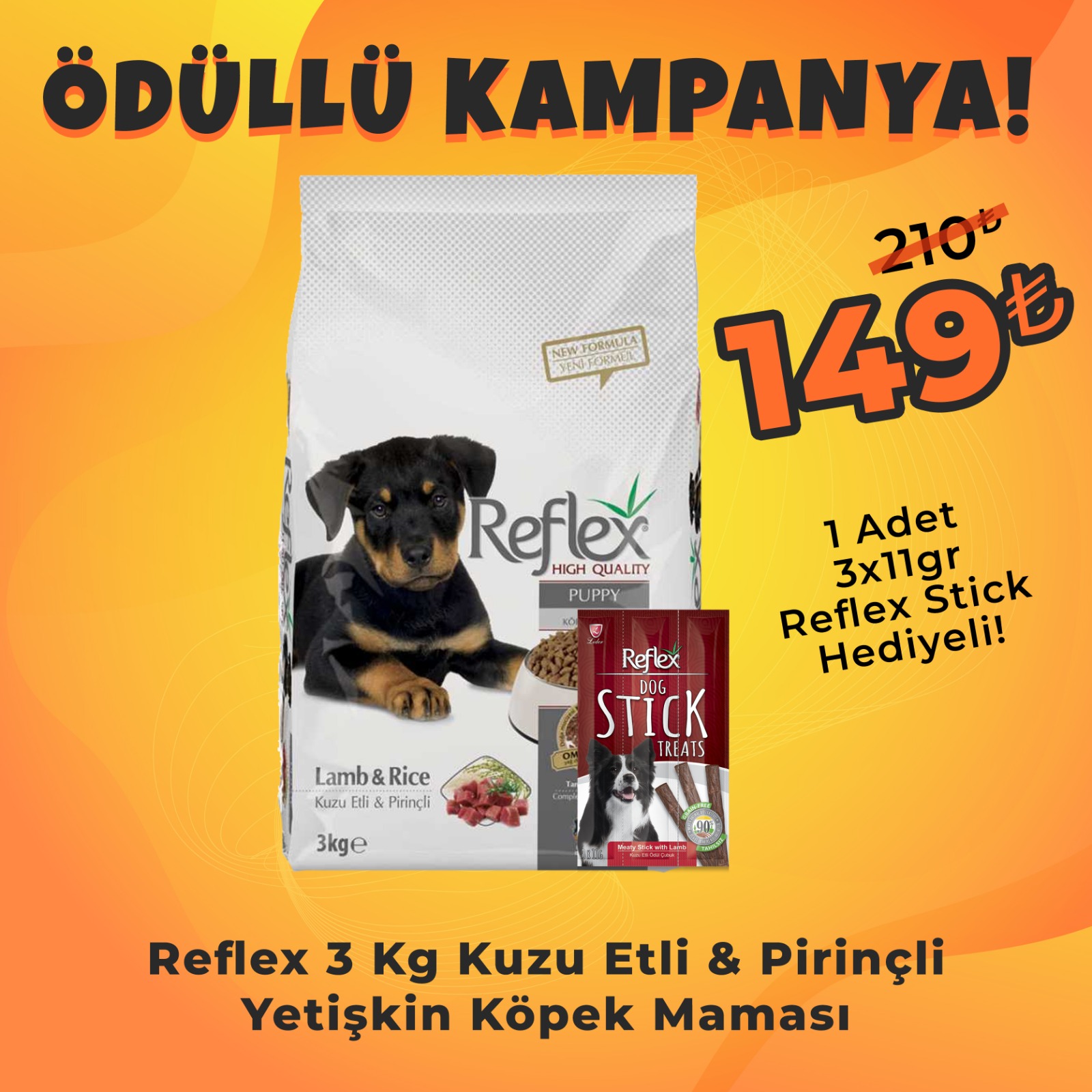 Reflex 3 Kg Kuzu Etli Yavru Köpek Maması + Reflex Köpek Stick Ödül Hediyeli 3x11 Gr